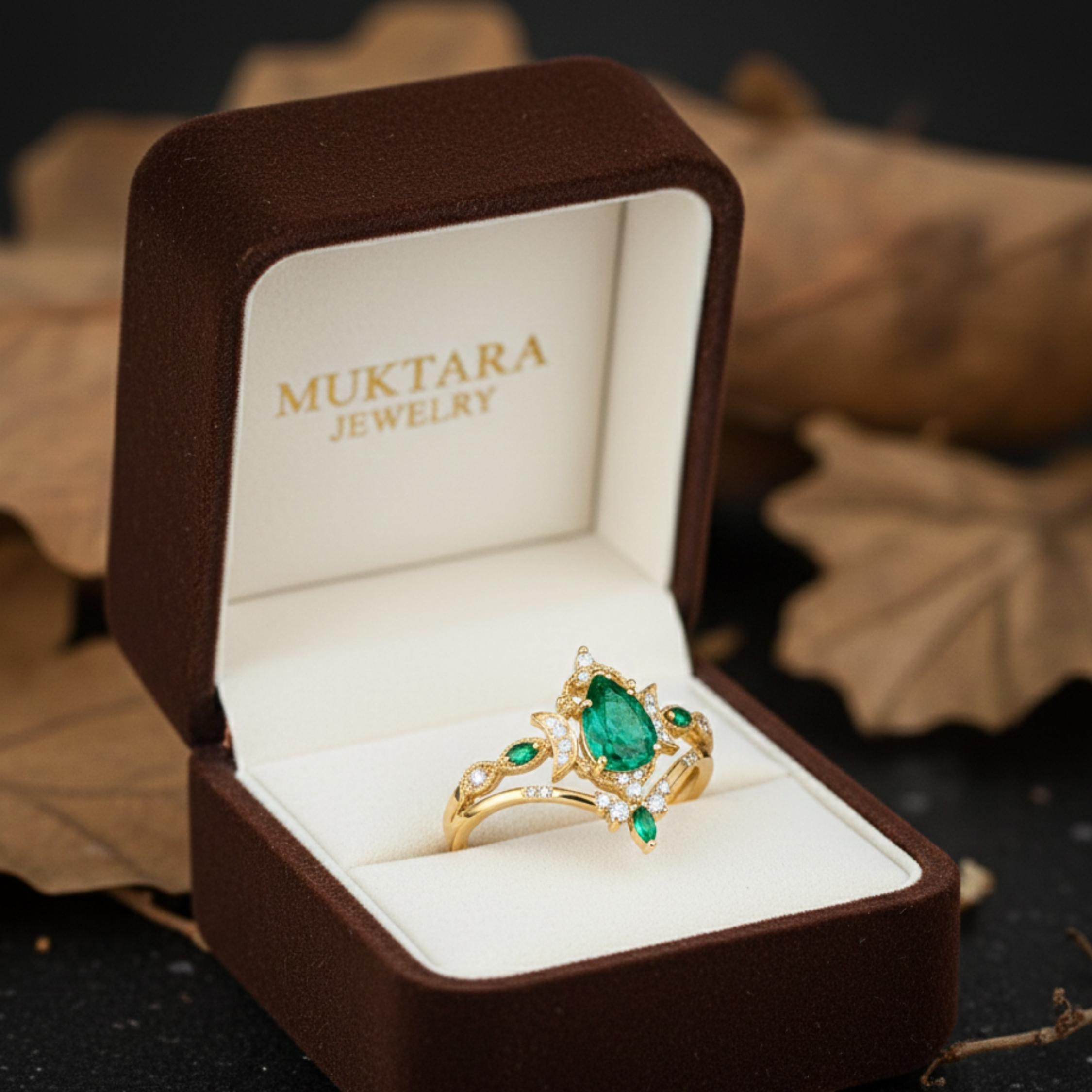 Emerald Moissanite Vine Half Moon Unique floral Engagement ring Pear Shaped Bridal Set Anniversary gift Vintage Wedding Ring Gifts For Women