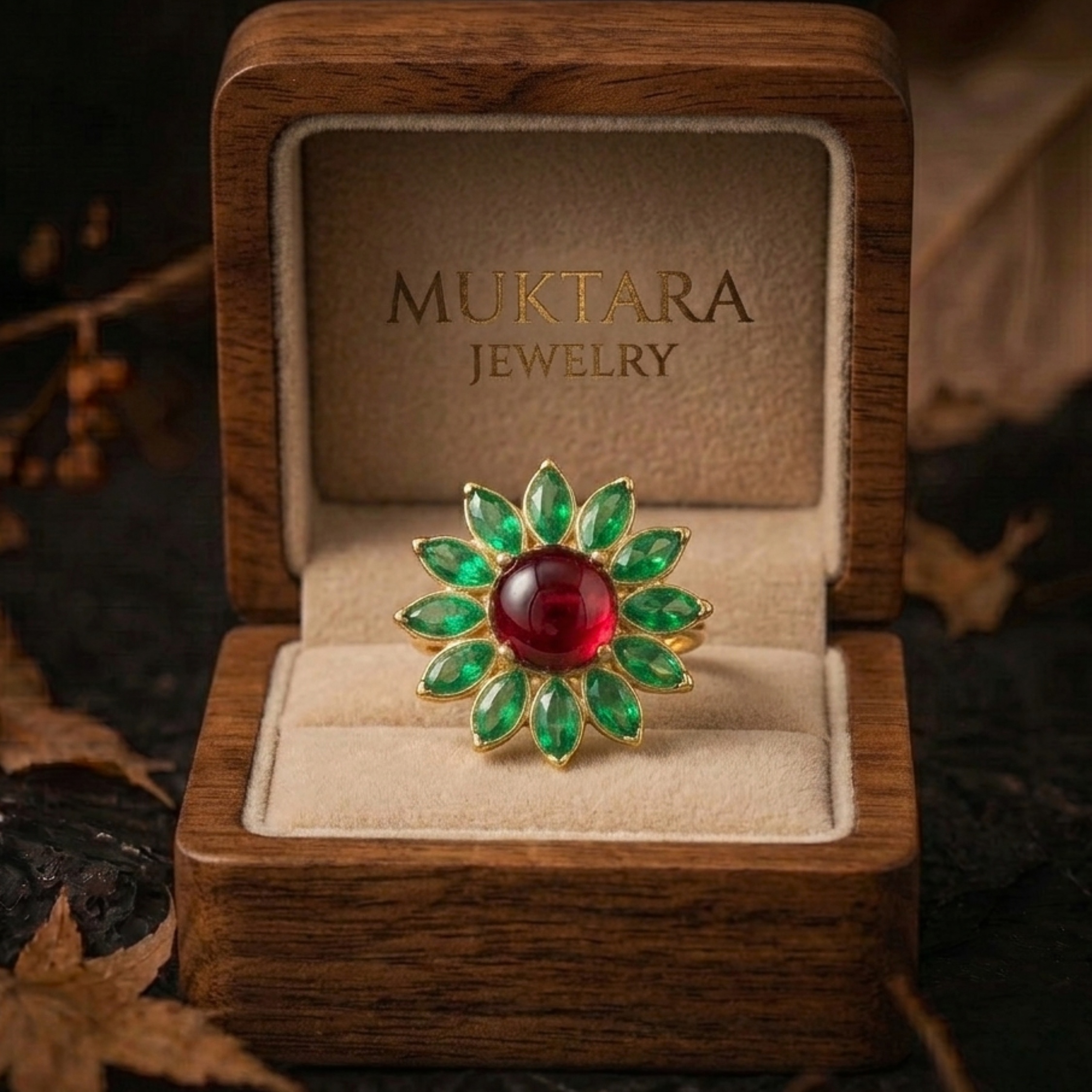 Unique Red Garnet Emerald Flower Halo Wedding Ring/Pear Emerald Engagement Ring/Vintage Art Deco Nature Inspired Bridal Jewelry Gift For Her