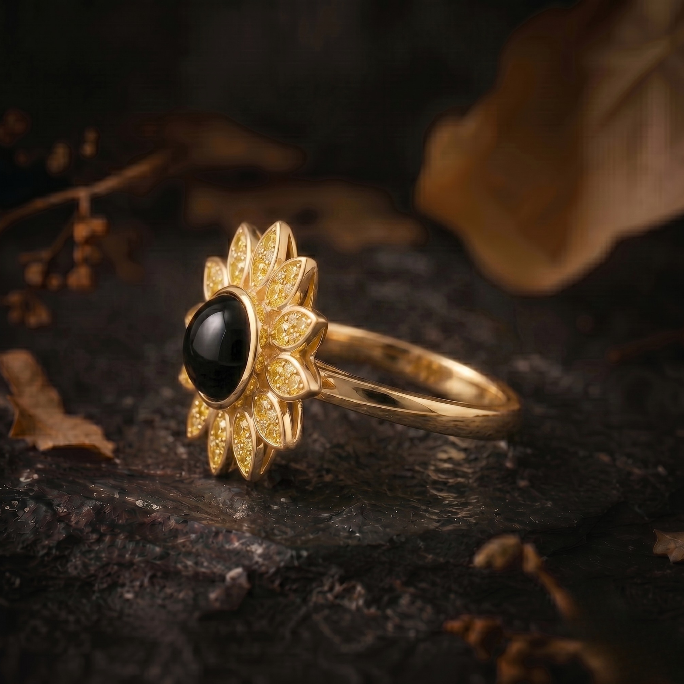 Vintage Black Onyx Diamond Flower Gold Ring, Sunflower Inspired Boho Statement Jewelry, Yellow Diamond Floral Halo Spring Summer Trend Ring
