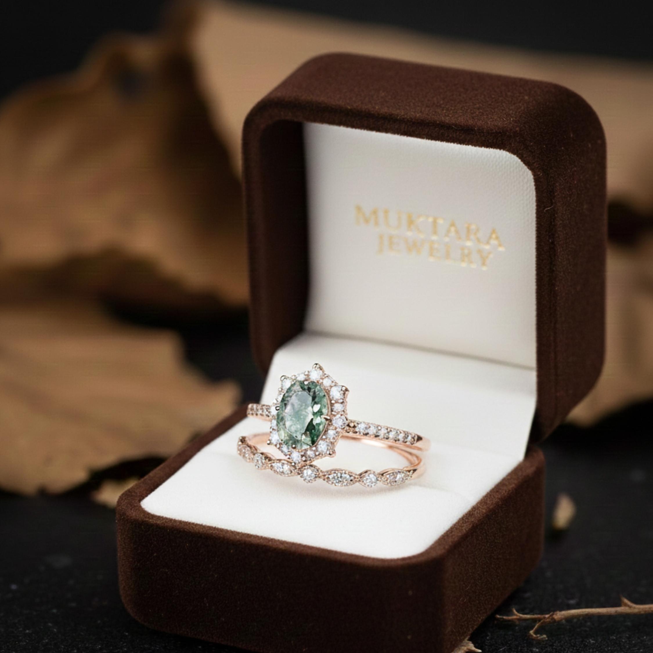 Vintage Moss Agate Halo Engagement Ring Set, Unique Oval Cut Mossy Agate Rose Gold Wedding Set Green Agate Bridal Gift Set Anniversary Ring