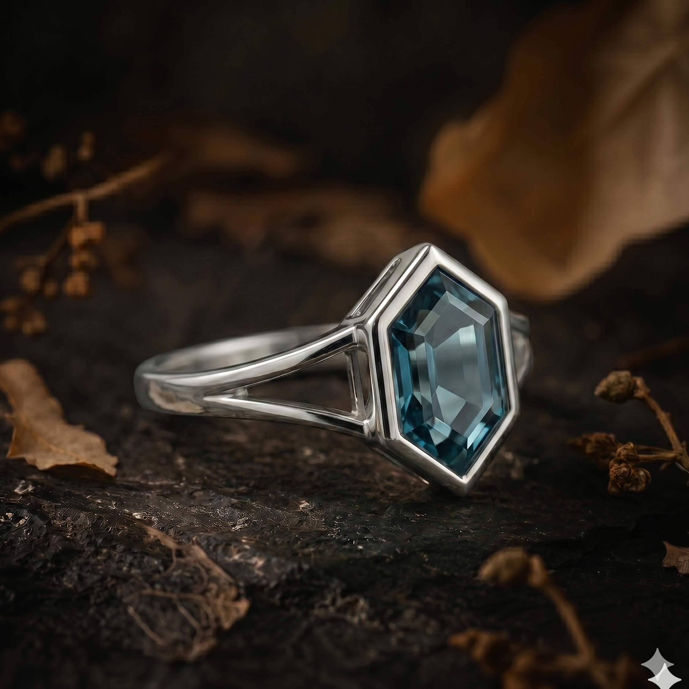 Unique Vintage Bezel Setting Teal Sapphire Ring, Sterling Silver Hexagon Cut Double Band Engagement Promise Ring, Anniversary Gifts For Her