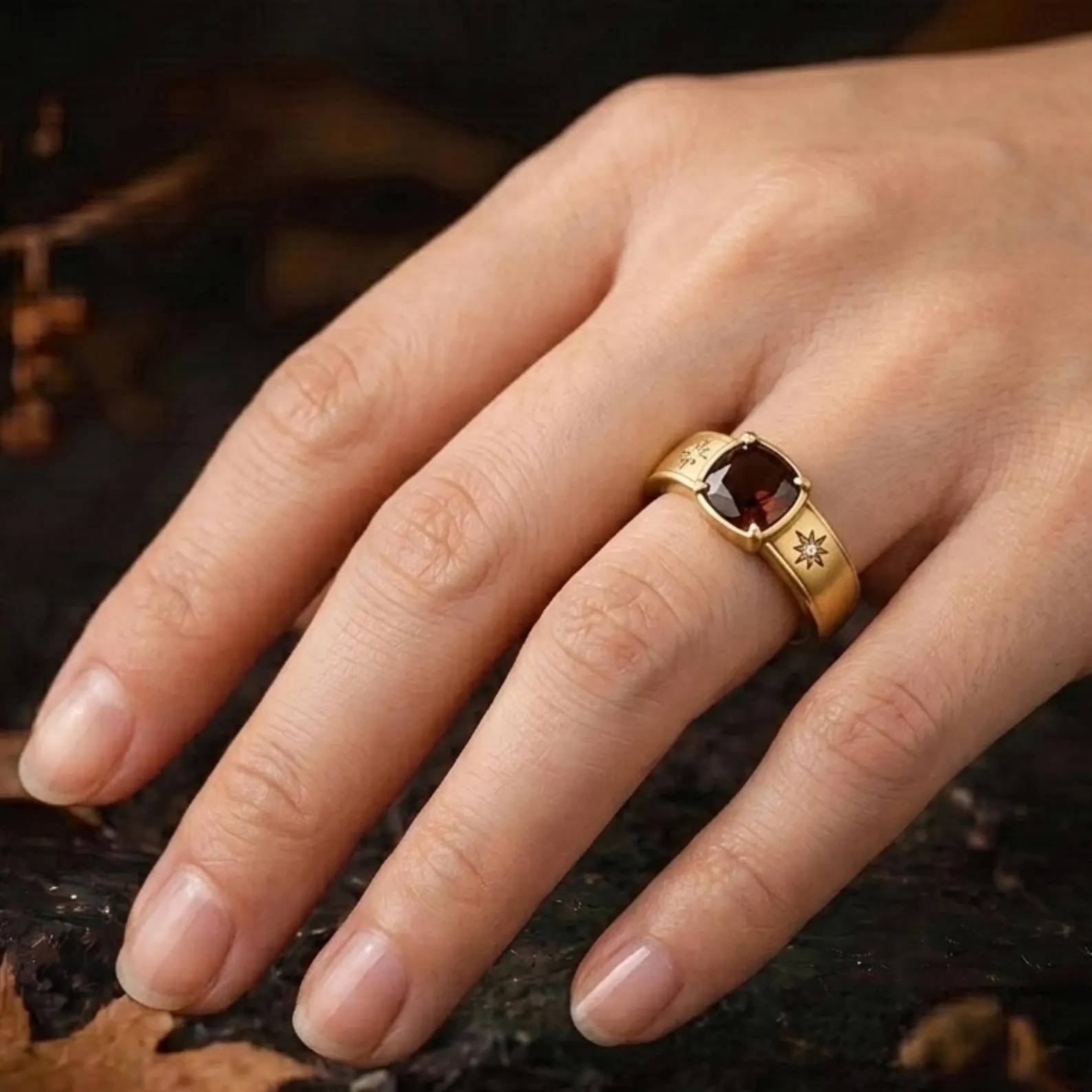 Red Garnet Solitaire Cushion Cut Wedding Ring, 18k Bold Gold Unisex Heirloom Ring, Men's Engagement Wide Band Ring, Moissanite Gift For Her