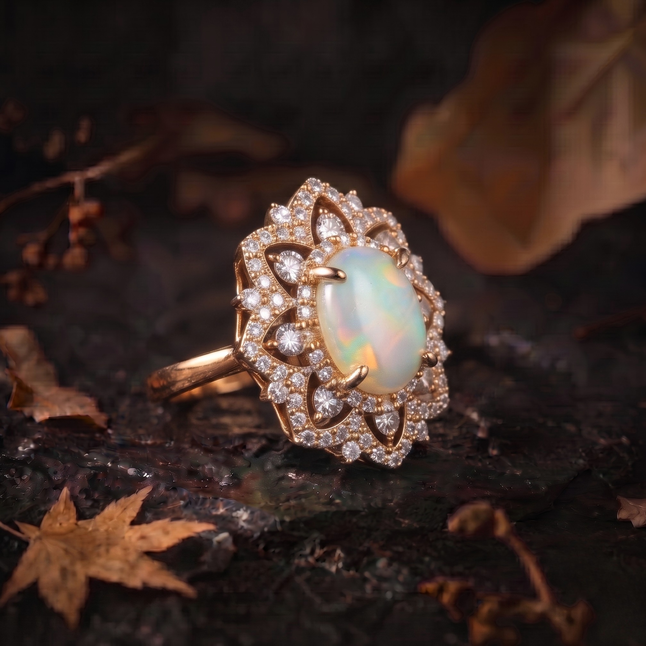 Unique Oval Cut White Opal Moissanite Engagement Ring, 14k White Opal Promise Wedding Ring for Women, Oval Opal Nature Inspired Ring Gift