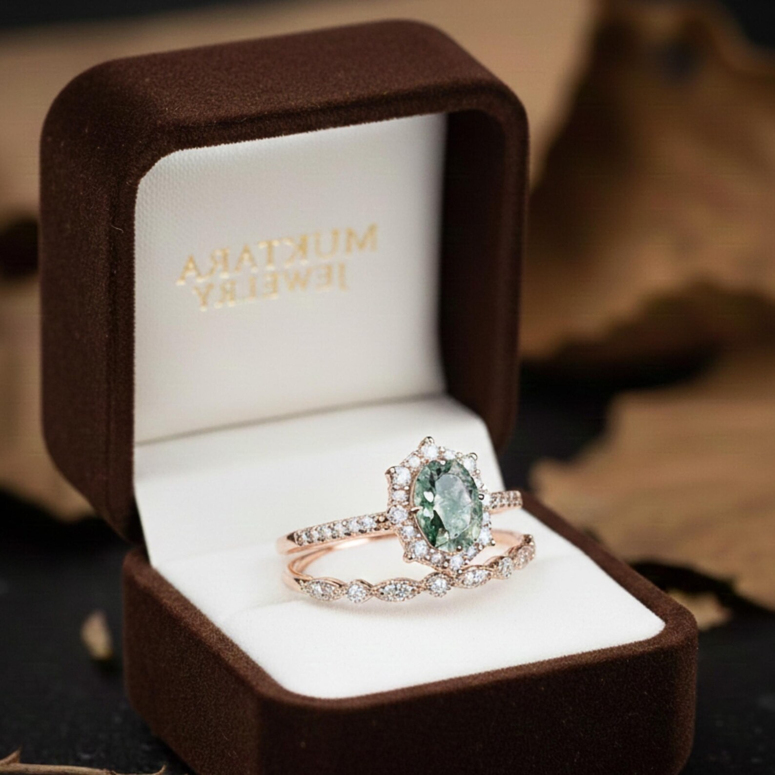 Vintage Moss Agate Halo Engagement Ring Set, Unique Oval Cut Mossy Agate Rose Gold Wedding Set Green Agate Bridal Gift Set Anniversary Ring