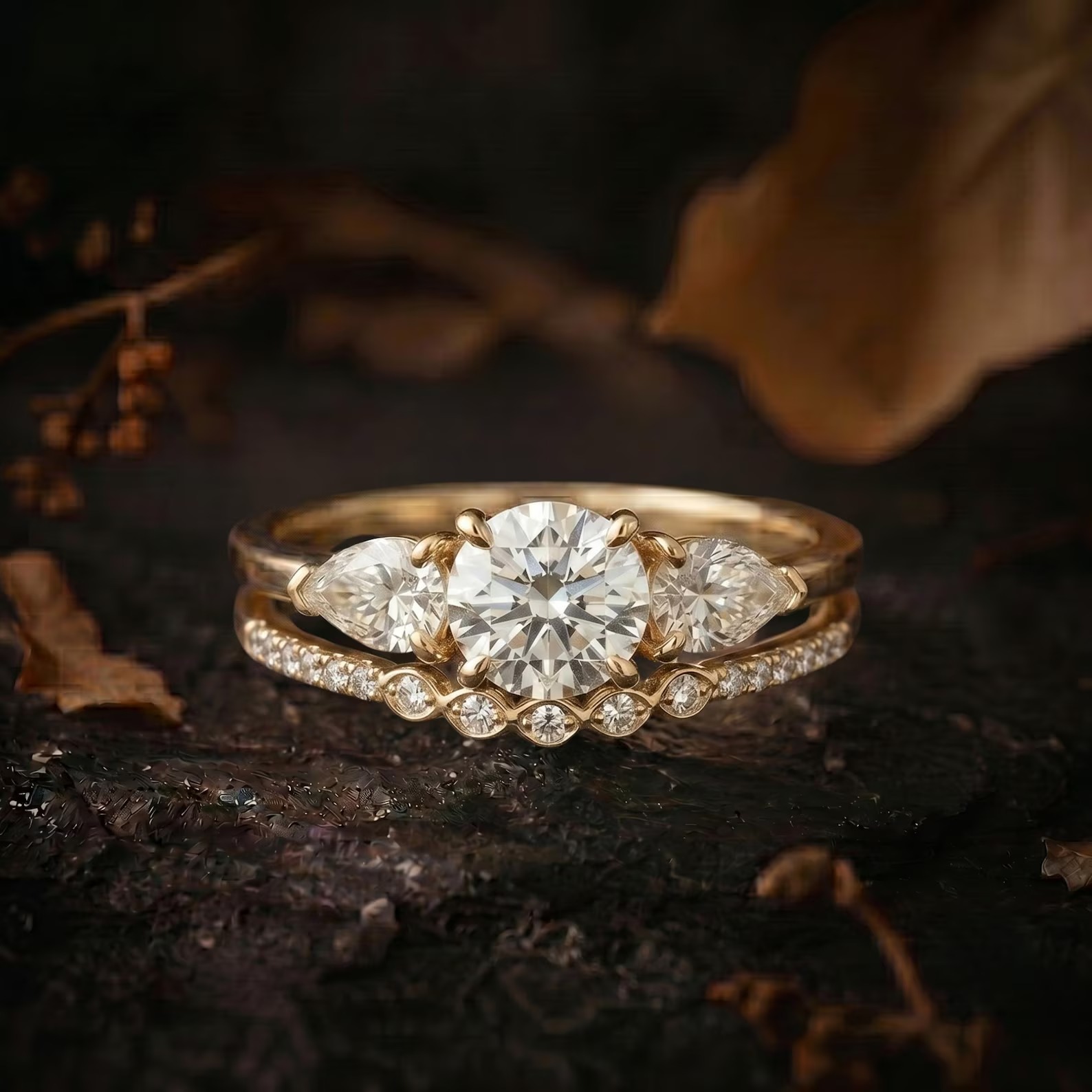 Vintage Moissanite Engagement Ring Set, Pear Diamond Wedding Ring Set, Promise Ring for Woman, 14K Solid Gold Anniversary Ring Set Gift Her