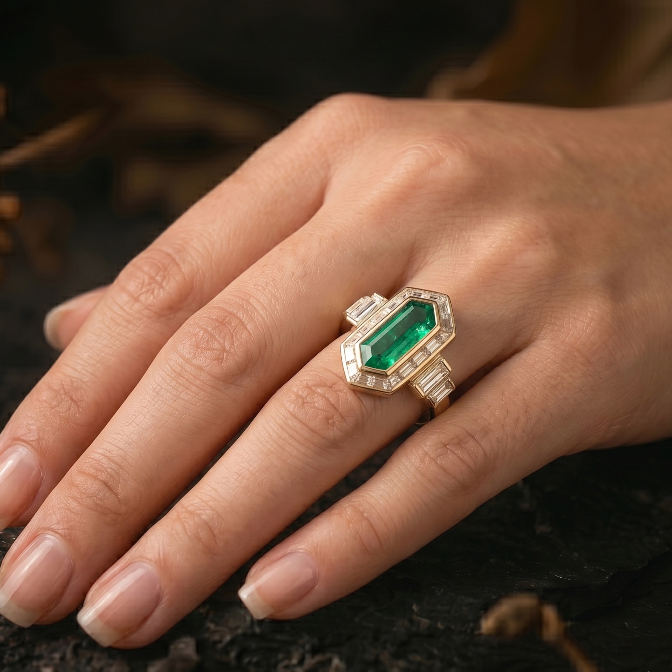Vintage Long Hexagon Cut Green Emerald Ring, Art Deco Baguette Moissanite Engagement Ring, Promise Wedding Jewelry For Her, Anniversary Gift