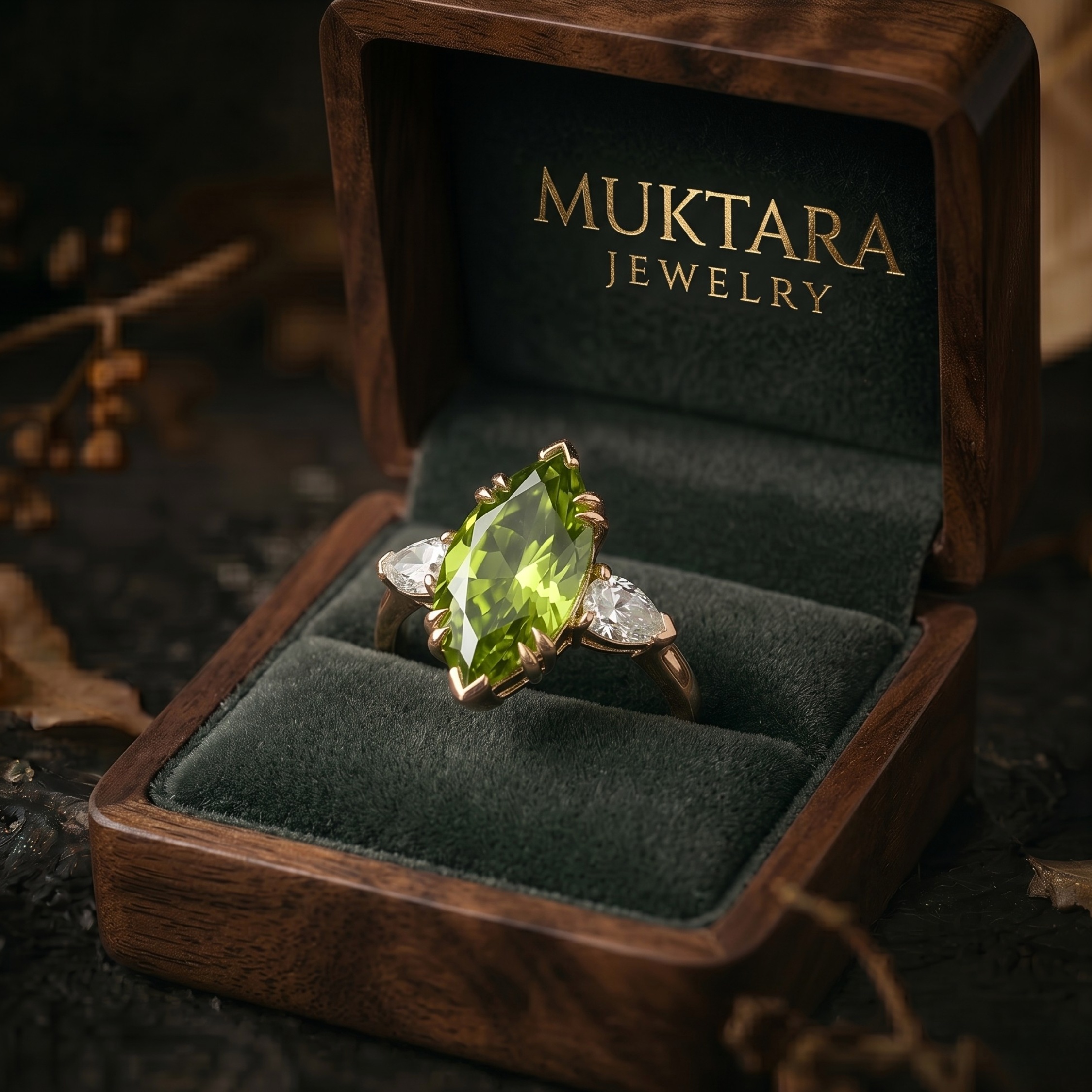 Marquise Cut Peridot Solitaire Engagement Ring, Moissanite Wedding Band, August Birthstone 14k Gold Art Deco Green Gemstone Gift For Mother