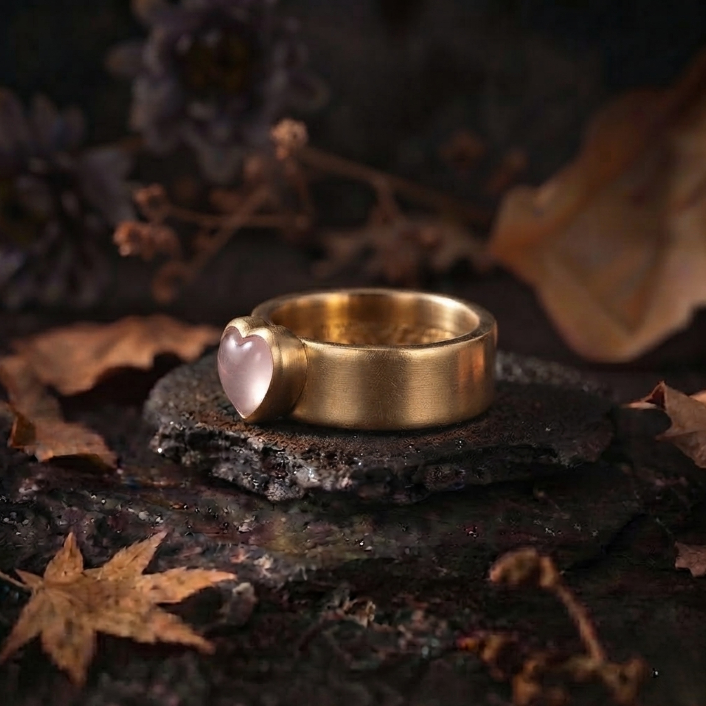 Unique Heart Shape Rose Quartz Engagement Ring/ 14k Yellow Gold Rose Quartz Crystal Boho Wide Band Jewelry/Anniversary Birthday Gift for Her