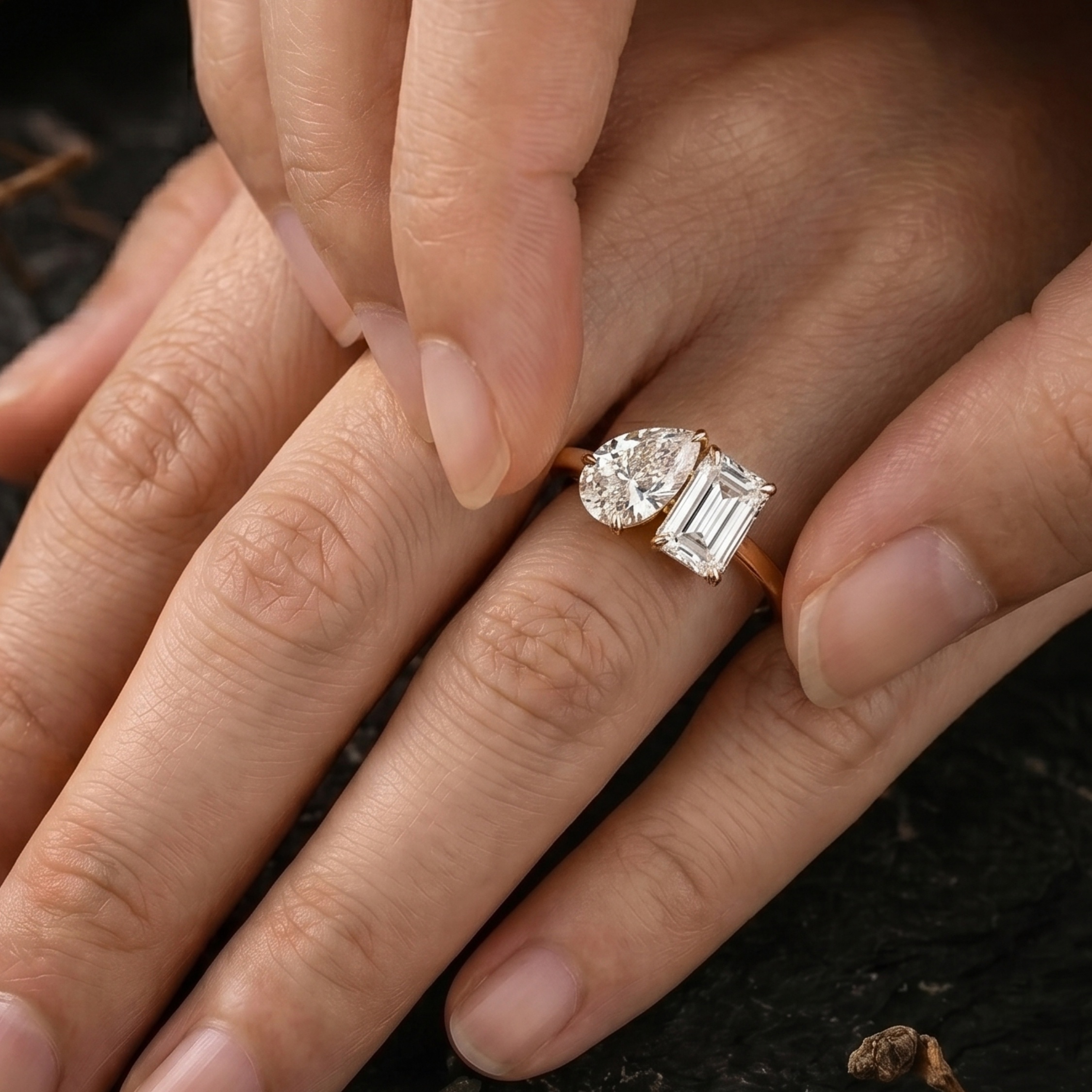 Moissanite Toi Et Moi Engagement Ring, Pear And Emerald Cut Promise Jewelry, Two-Stone Birthstone Statement Ring, Anniversary Birthday Gifts