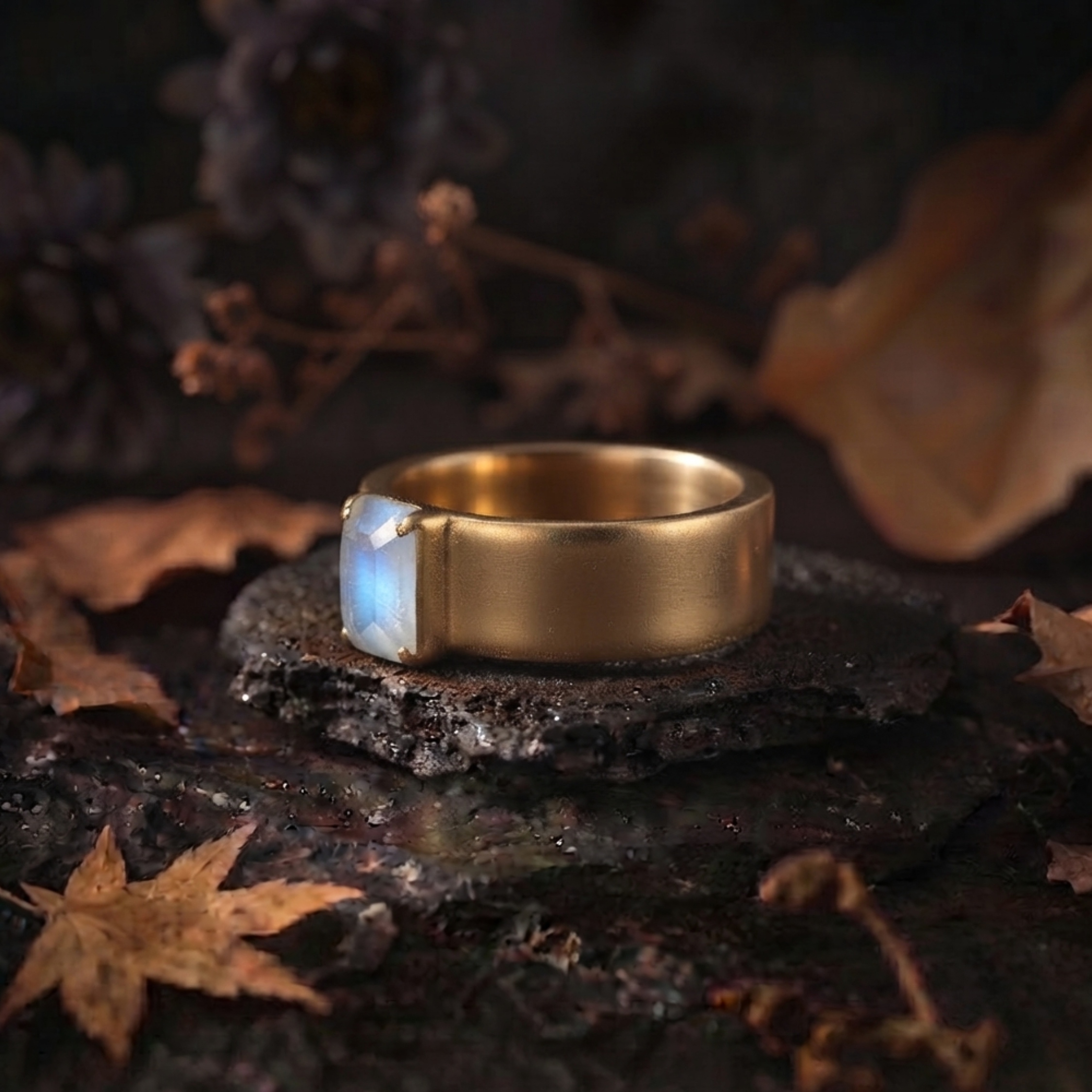 Rainbow Moonstone Emerald Cut Wedding Band, Bold Gold Men's Engagement Ring, Statement Unisex Heirloom Ring, Single Stone Ring Gift For Him