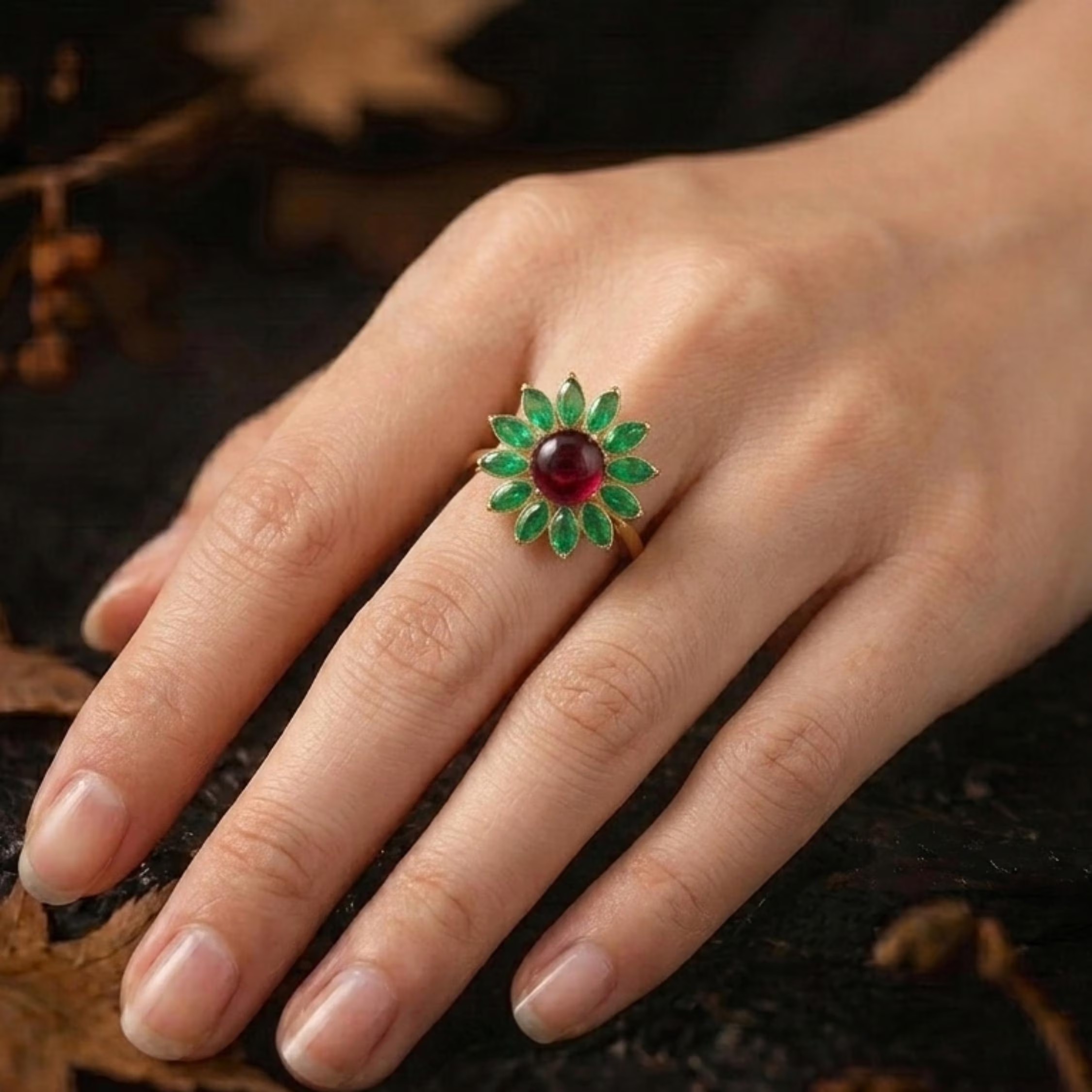 Unique Red Garnet Emerald Flower Halo Wedding Ring/Pear Emerald Engagement Ring/Vintage Art Deco Nature Inspired Bridal Jewelry Gift For Her