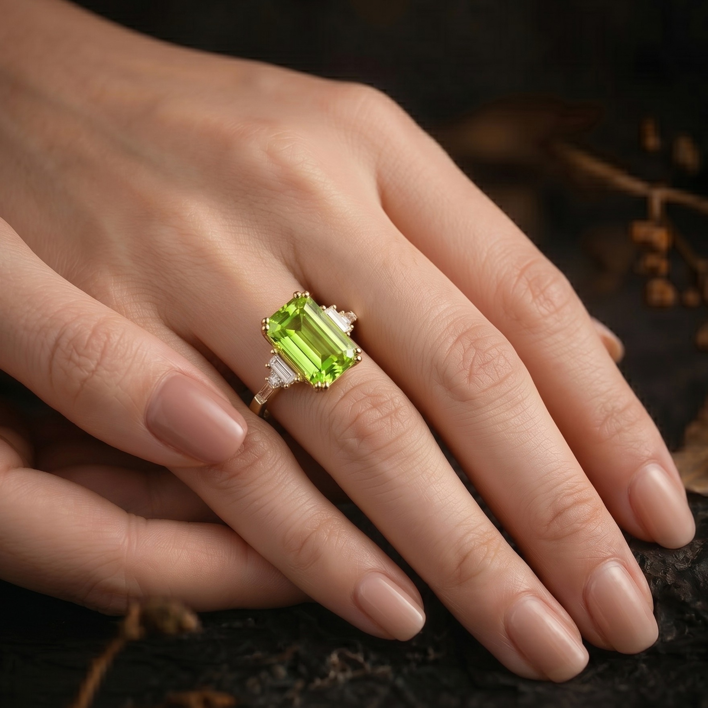 Genuine Emerald Cut Peridot Wedding Ring, 14K Gold Birthstone Jewelry, Moissanite Bridal Engagement Ring, Anniversary Birthday gift for her