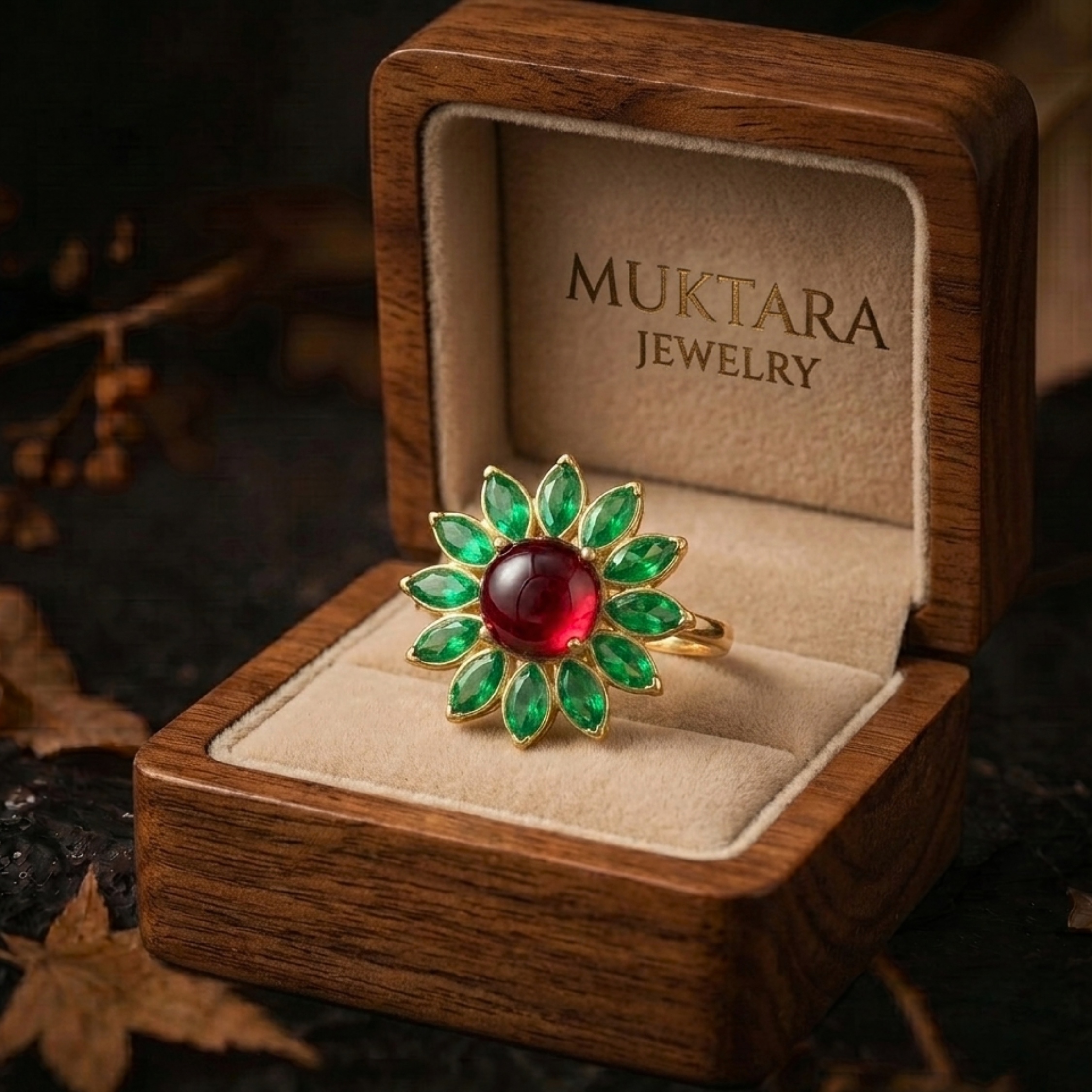 Unique Red Garnet Emerald Flower Halo Wedding Ring/Pear Emerald Engagement Ring/Vintage Art Deco Nature Inspired Bridal Jewelry Gift For Her