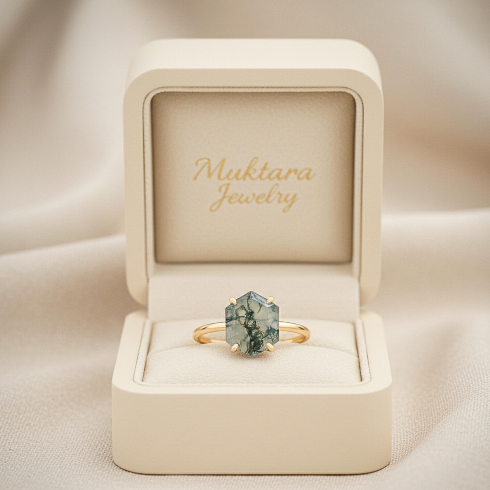 Hexagon Moss Agate Ring, 14k Gold Engagement Ring, Green Gemstone Ring Vintage Promise Ring, Art Deco Dainty Solitaire Ring Anniversary Gift