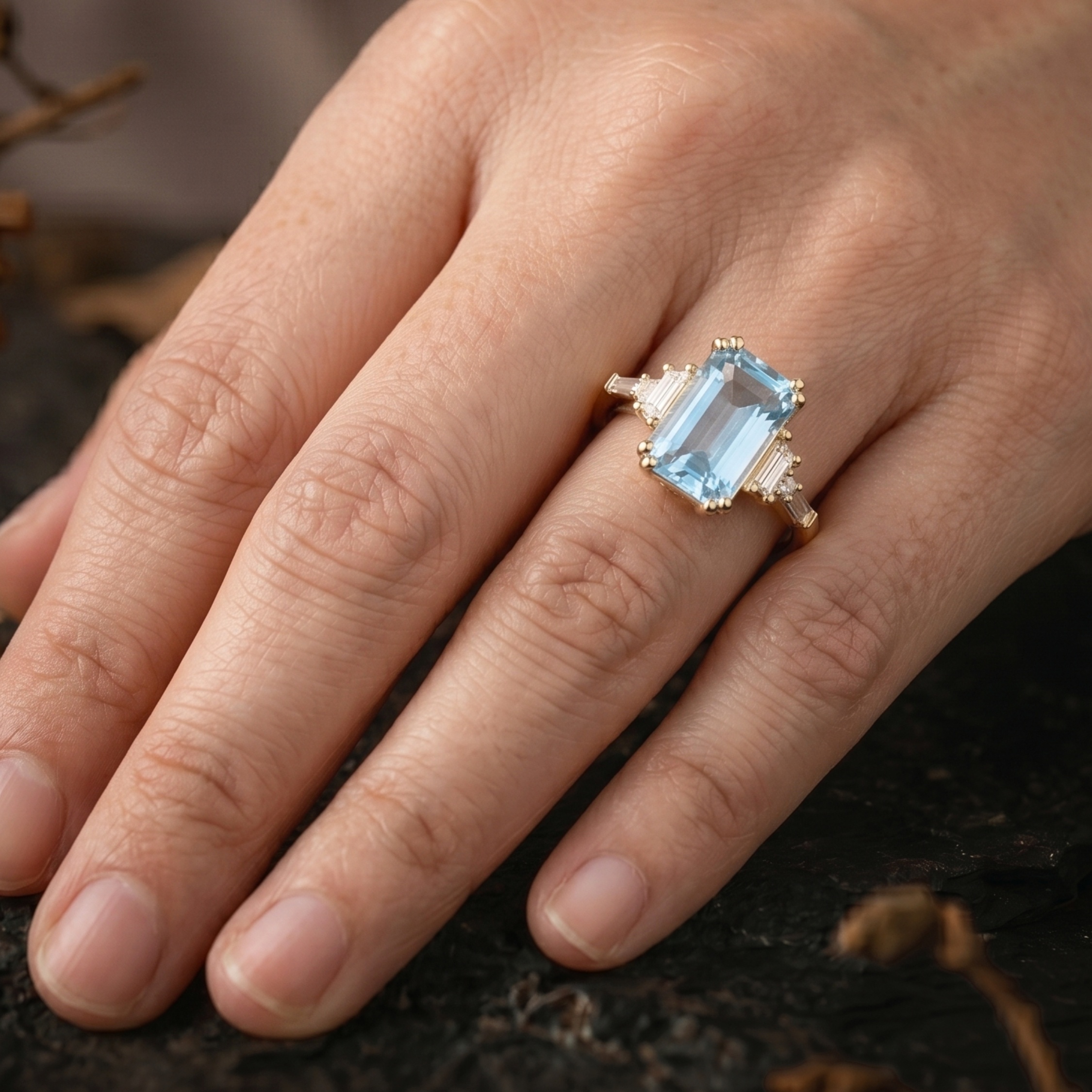 Vintage Emerald Cut Aquamarine Engagement Ring, 14k Gold Moissanite Ring, Unique March Birthstone Jewelry, Anniversary Birthday gift for her