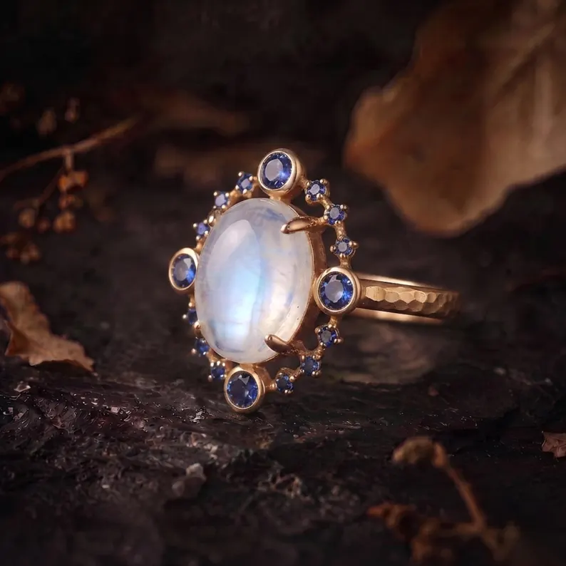 Vintage Oval Cut Moonstone Sapphire Engagement Ring, September Birthstone Jewelry, Promise Wedding Ring, Anniversary Birthday Gifts For Her