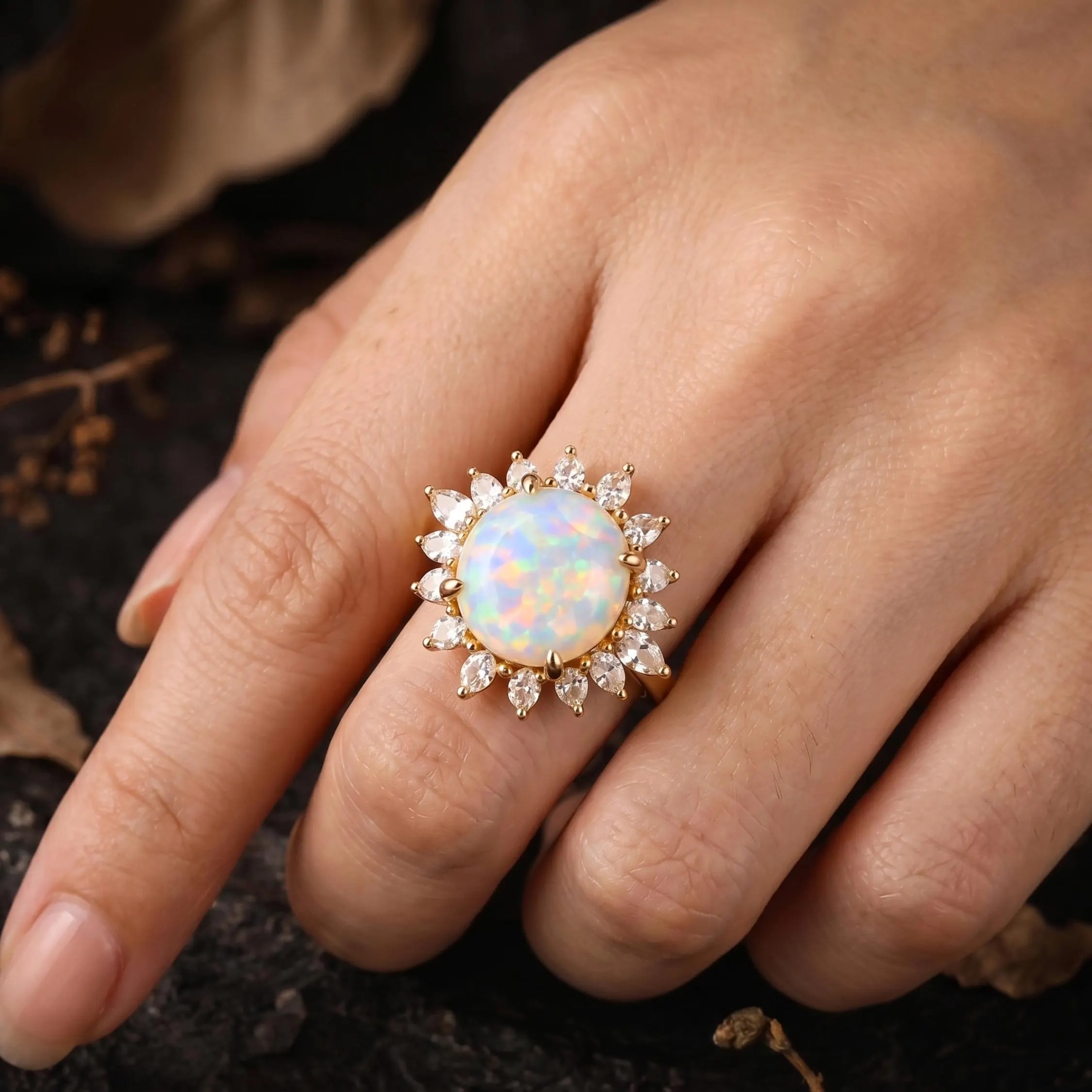Vintage Round Opal Moissanite Wedding Ring, 14k Gold Two Stone Flower Ring Vintage Fire Opal Promise Hidden Halo Statement Ring Gift for Her
