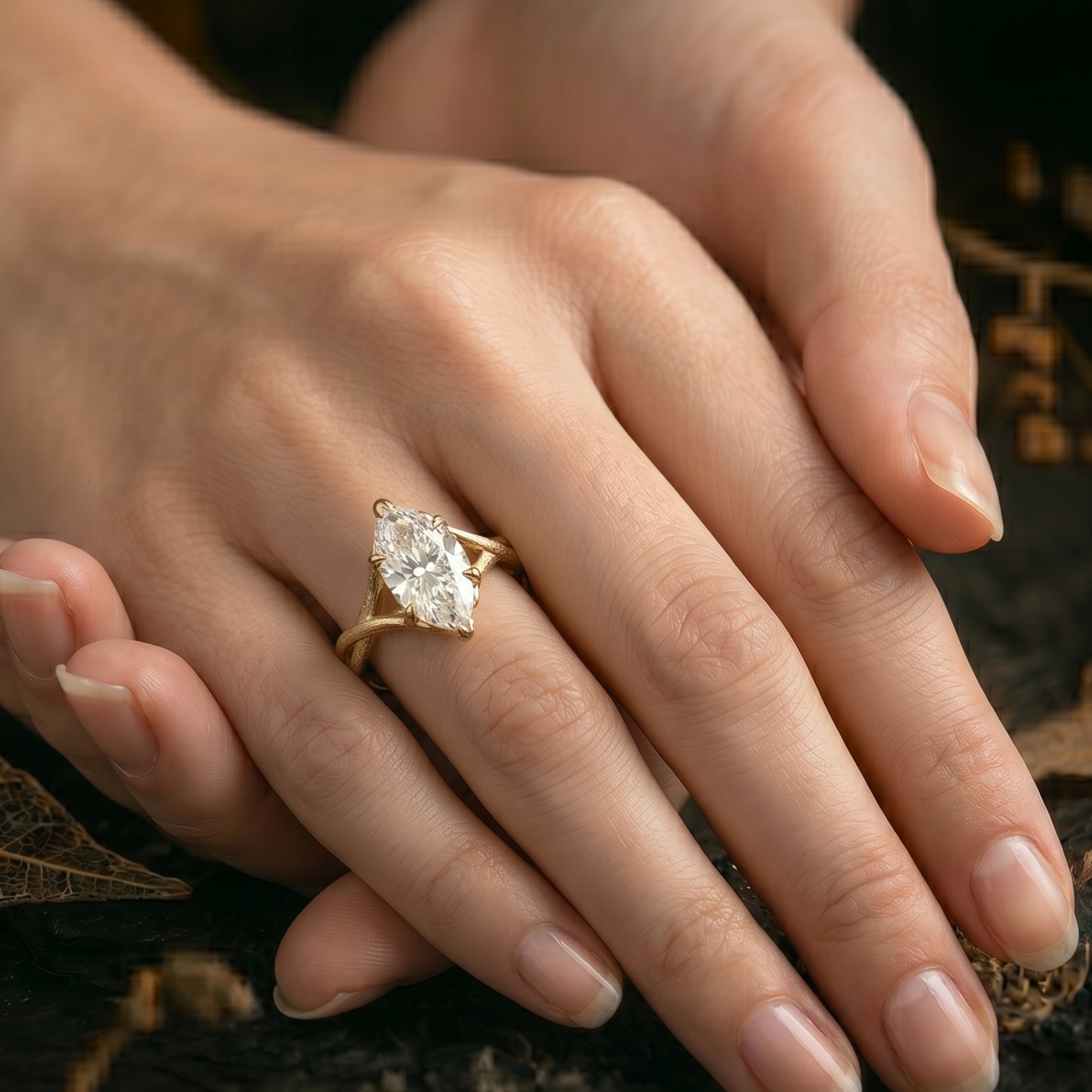 Vintage Marquise Cut Moissanite Engagement Ring, Delicate 14k Solid Gold Women's Twisted Band Diamond Wedding Ring, Anniversary Gift For Her