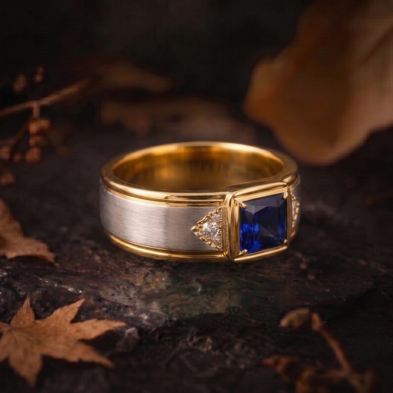 Vintage Art Deco Square Cut Blue Sapphire Moissanite Engagement Ring, Unique Gold Silver Men Ring Retro Moissanite Wedding Ring Gift For Him