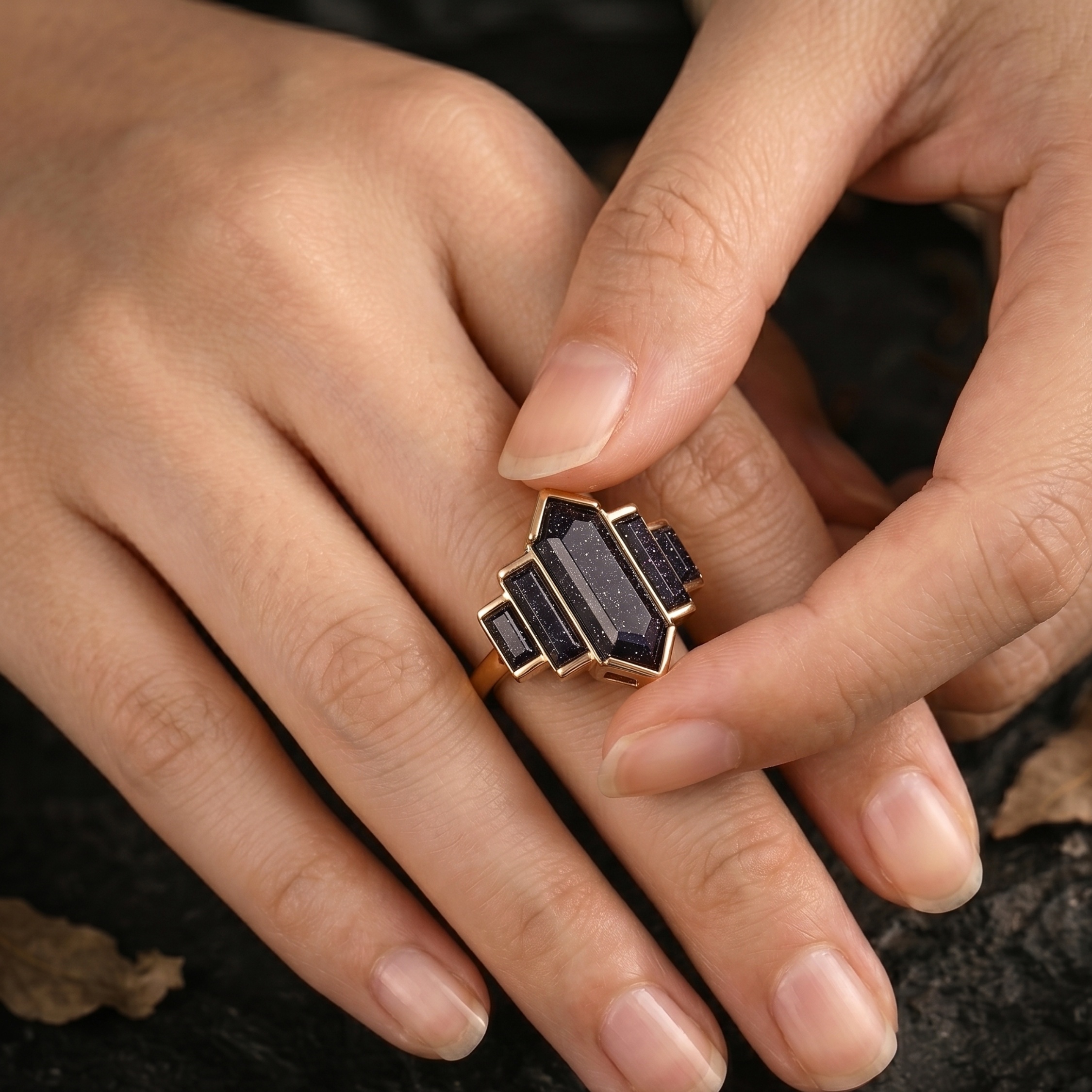Vintage Hexagon Cut Blue Galaxy Sandstone Ring, Women’s Nebula Engagement Ring, Baguette Cut Galaxy Wedding Promise Ring, Anniversary Gift