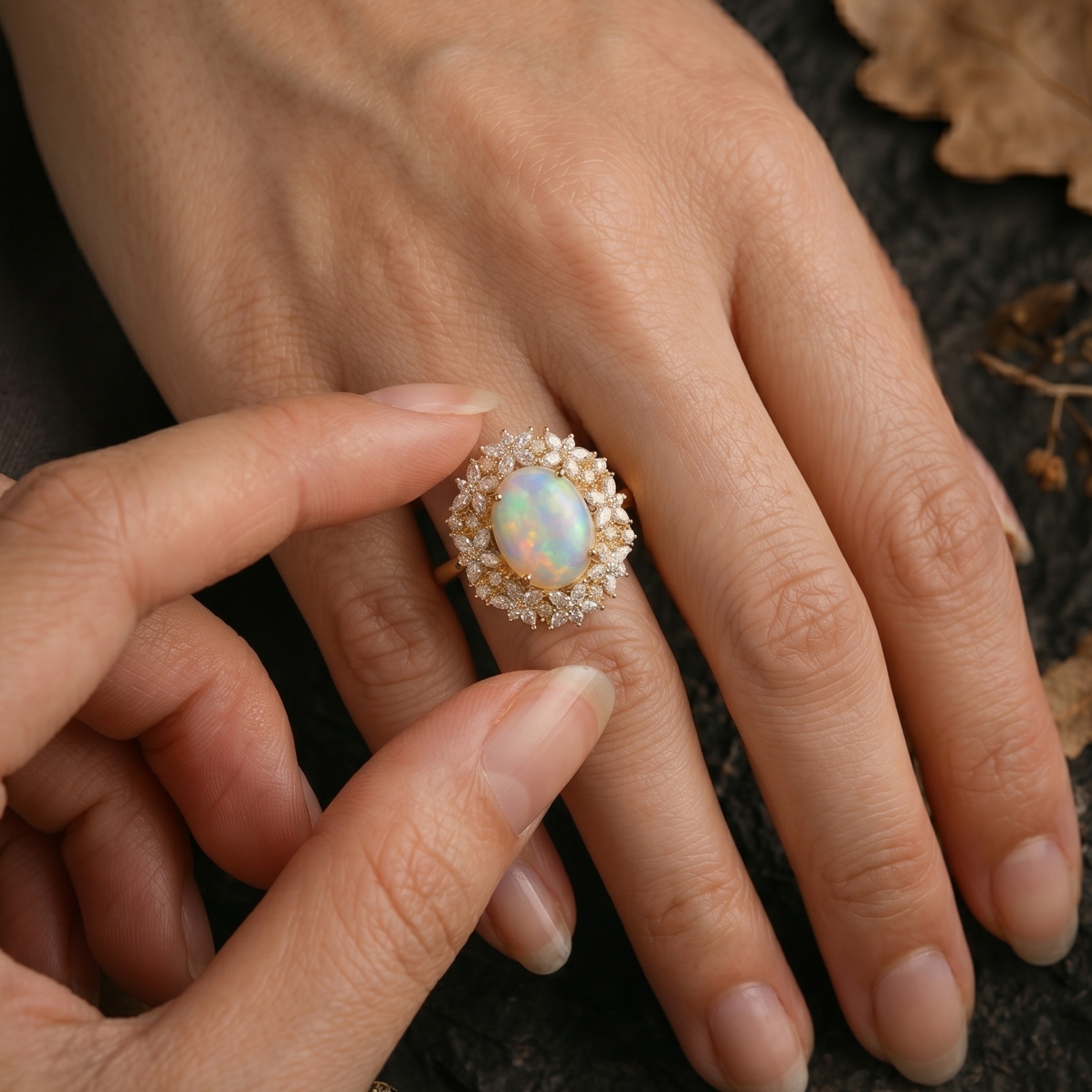 Unique Marquise Cut Flower Moissanite Engagement Ring, 14k Gold Blue Moonstone Floral Twist Promise Ring for Women Oval Nature Inspired Ring