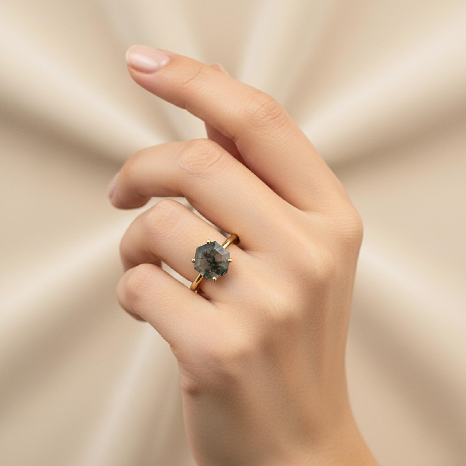Hexagon Moss Agate Ring, 14k Gold Engagement Ring, Green Gemstone Ring Vintage Promise Ring, Art Deco Dainty Solitaire Ring Anniversary Gift