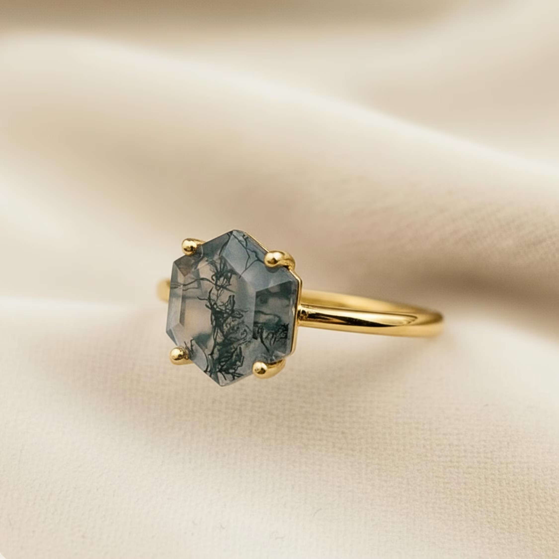 Hexagon Moss Agate Ring, 14k Gold Engagement Ring, Green Gemstone Ring Vintage Promise Ring, Art Deco Dainty Solitaire Ring Anniversary Gift