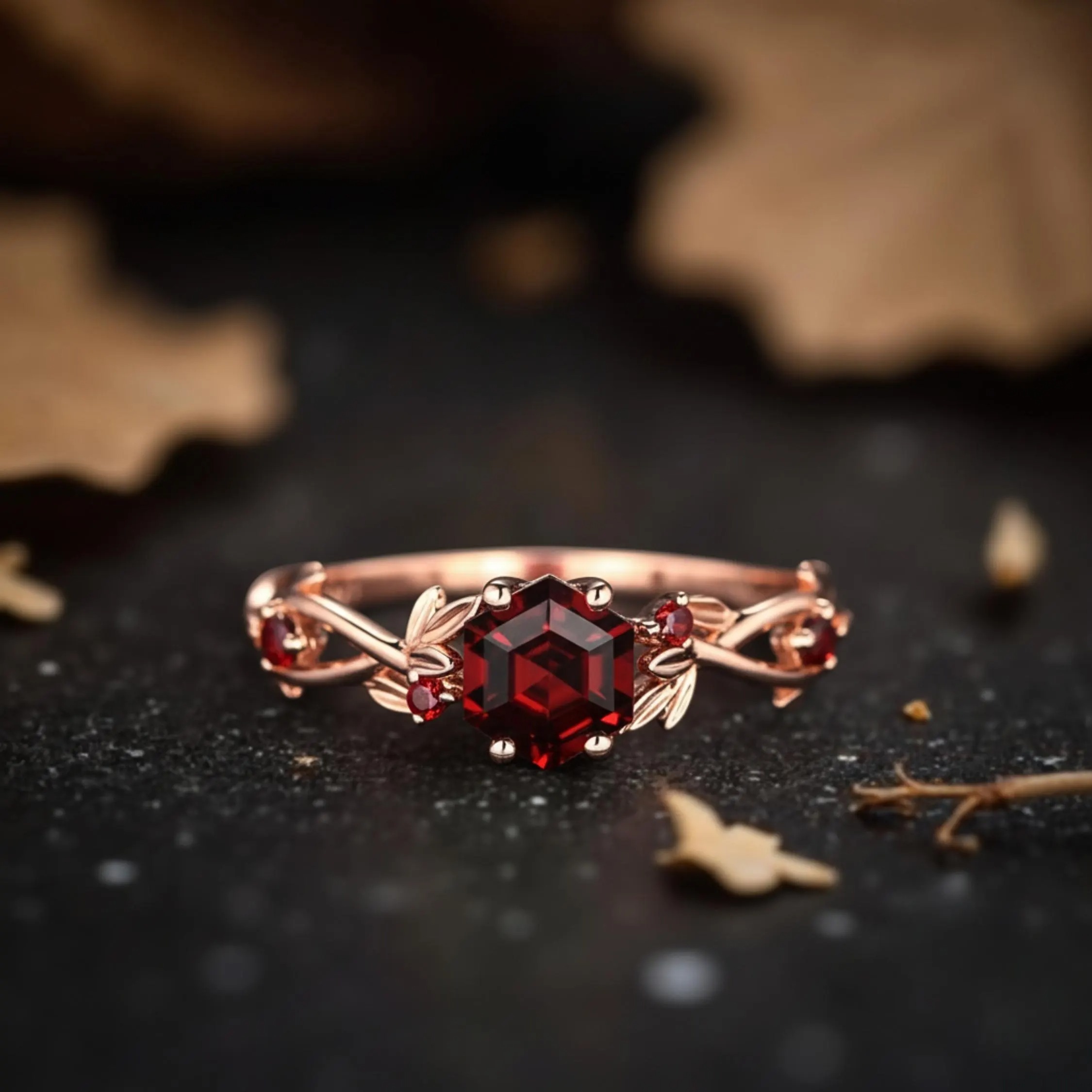 Hexagon Cut Garnet Engagement Ring, Nature Inspired Unique Fairytale Gold Wedding Ring, Green Tree Leaf Branch Twist Ring, Anniversary Gift