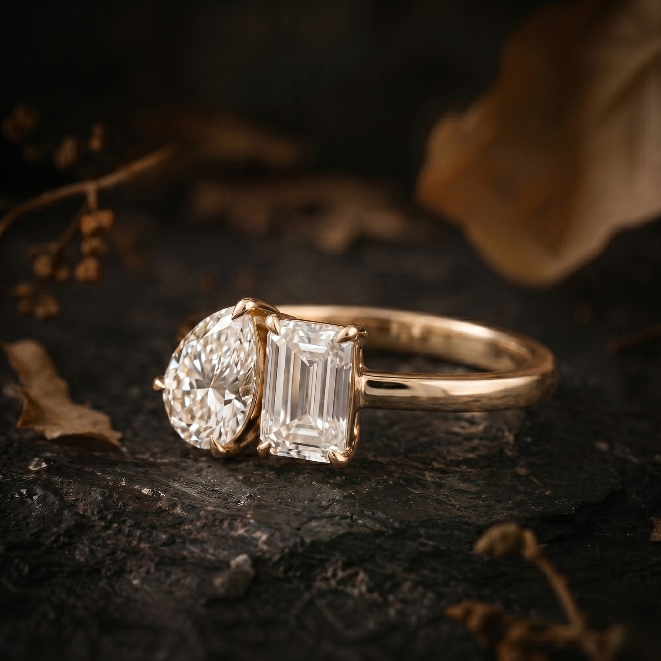 Moissanite Toi Et Moi Engagement Ring, Pear And Emerald Cut Promise Jewelry, Two-Stone Birthstone Statement Ring, Anniversary Birthday Gifts