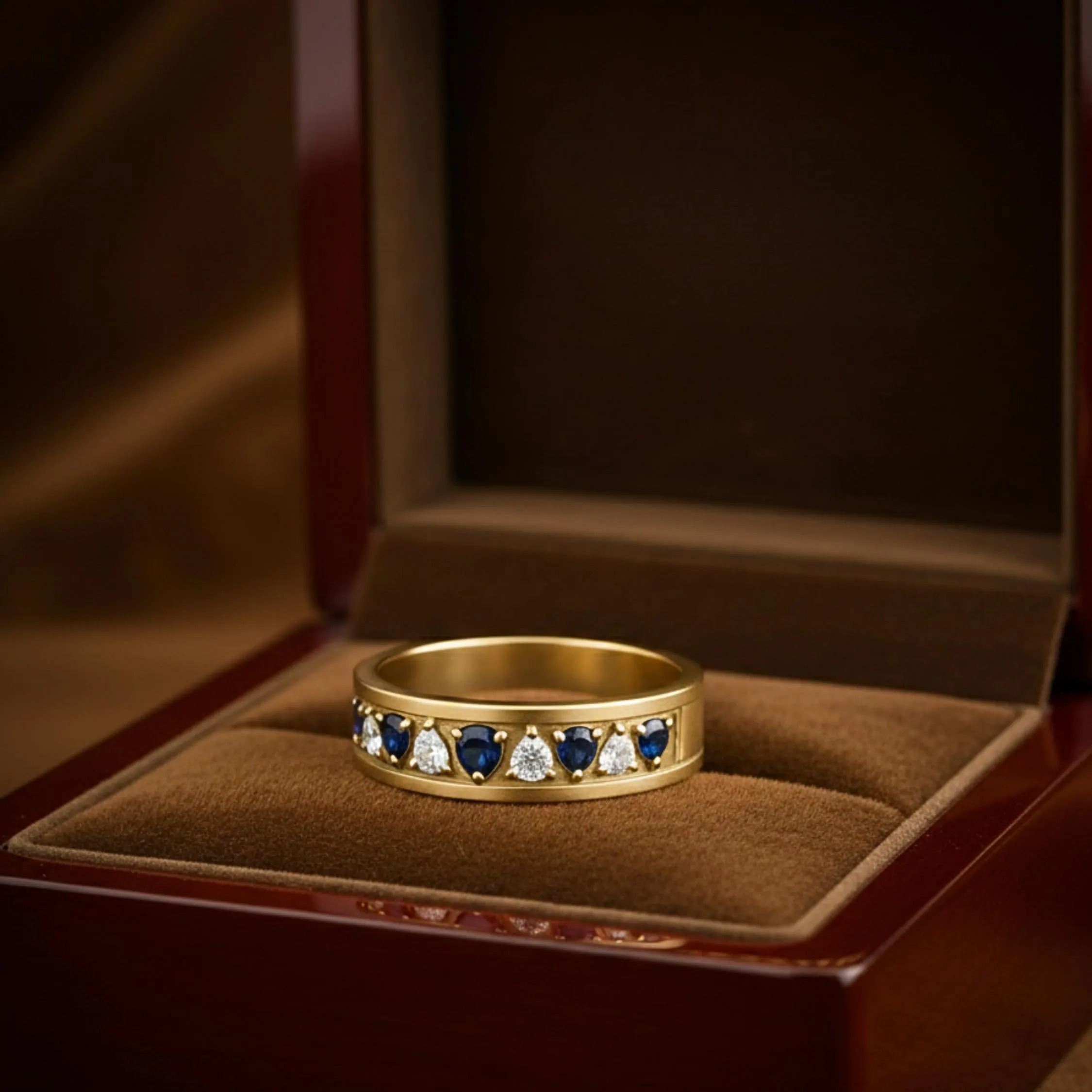 Blue Sapphire Diamond Pear Cut Wedding Band, 14k Gold Half Eternity Unisex Heirloom Ring, Dainty Bridal Moissanite Band, Anniversary Present