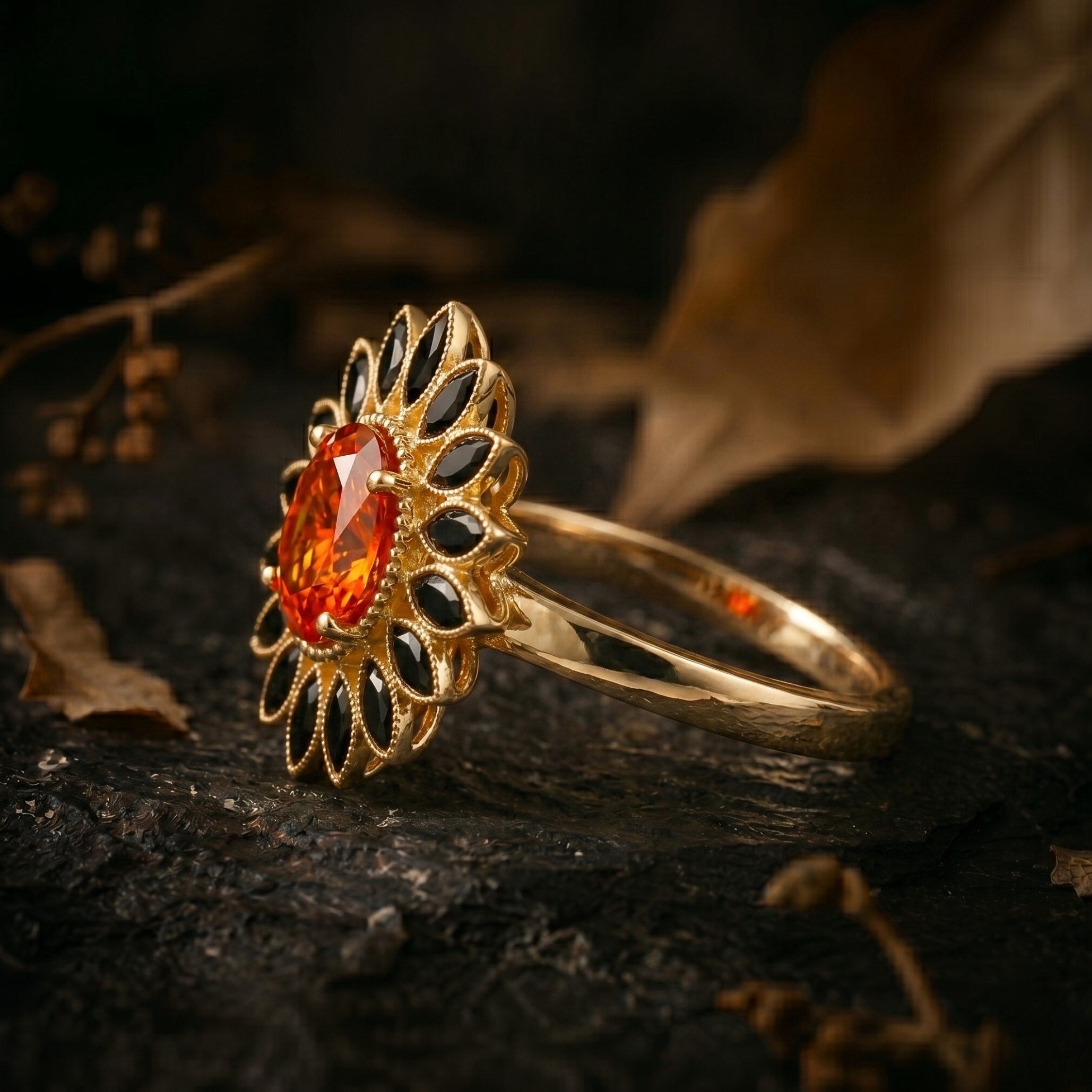 Vintage Oval Sunstone Onyx Flower Ring, Floral Halo Gold Engagement Ring, Black Onyx Spring Summer Trend June Birthstone Boho Gift For Women