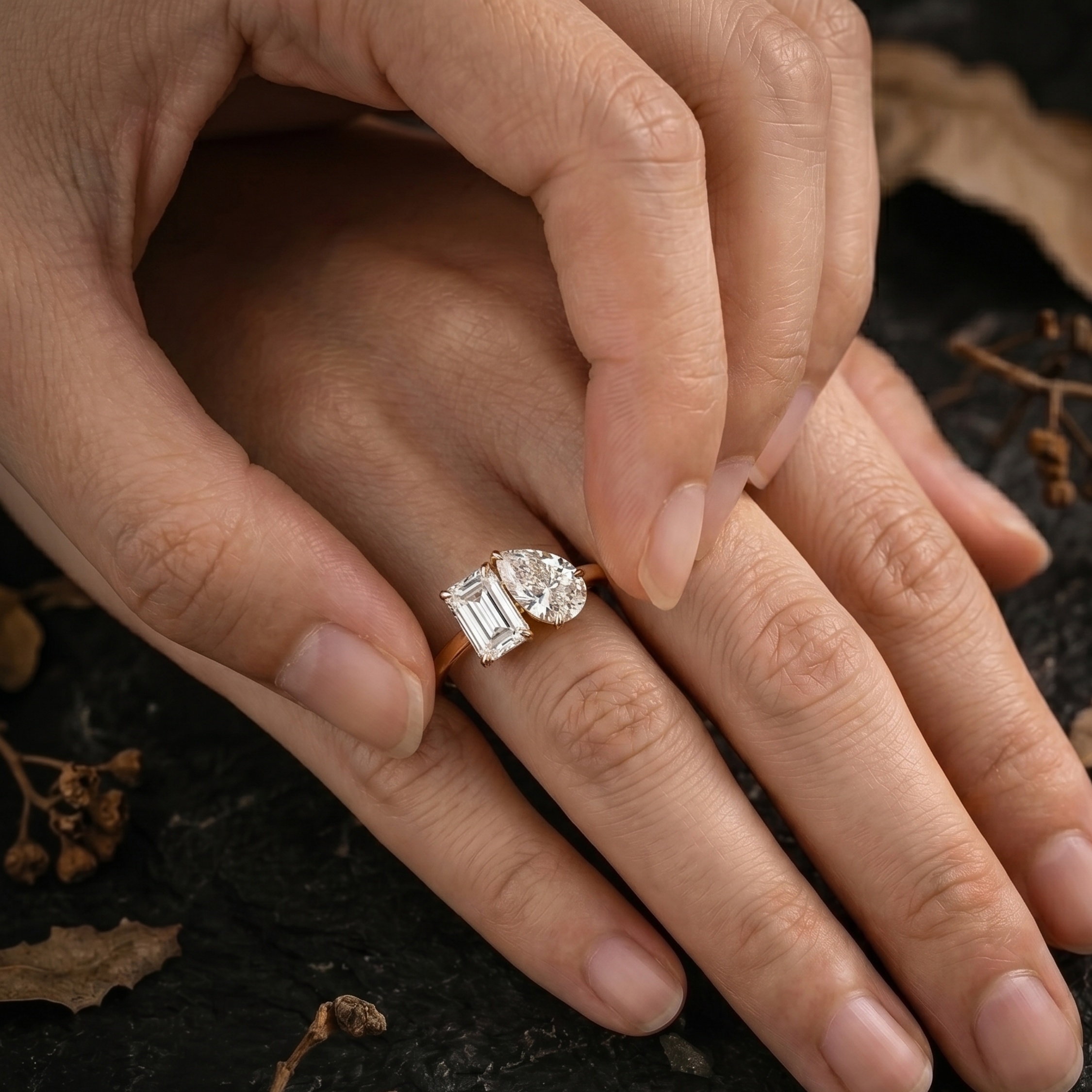 Moissanite Toi Et Moi Engagement Ring, Pear And Emerald Cut Promise Jewelry, Two-Stone Birthstone Statement Ring, Anniversary Birthday Gifts
