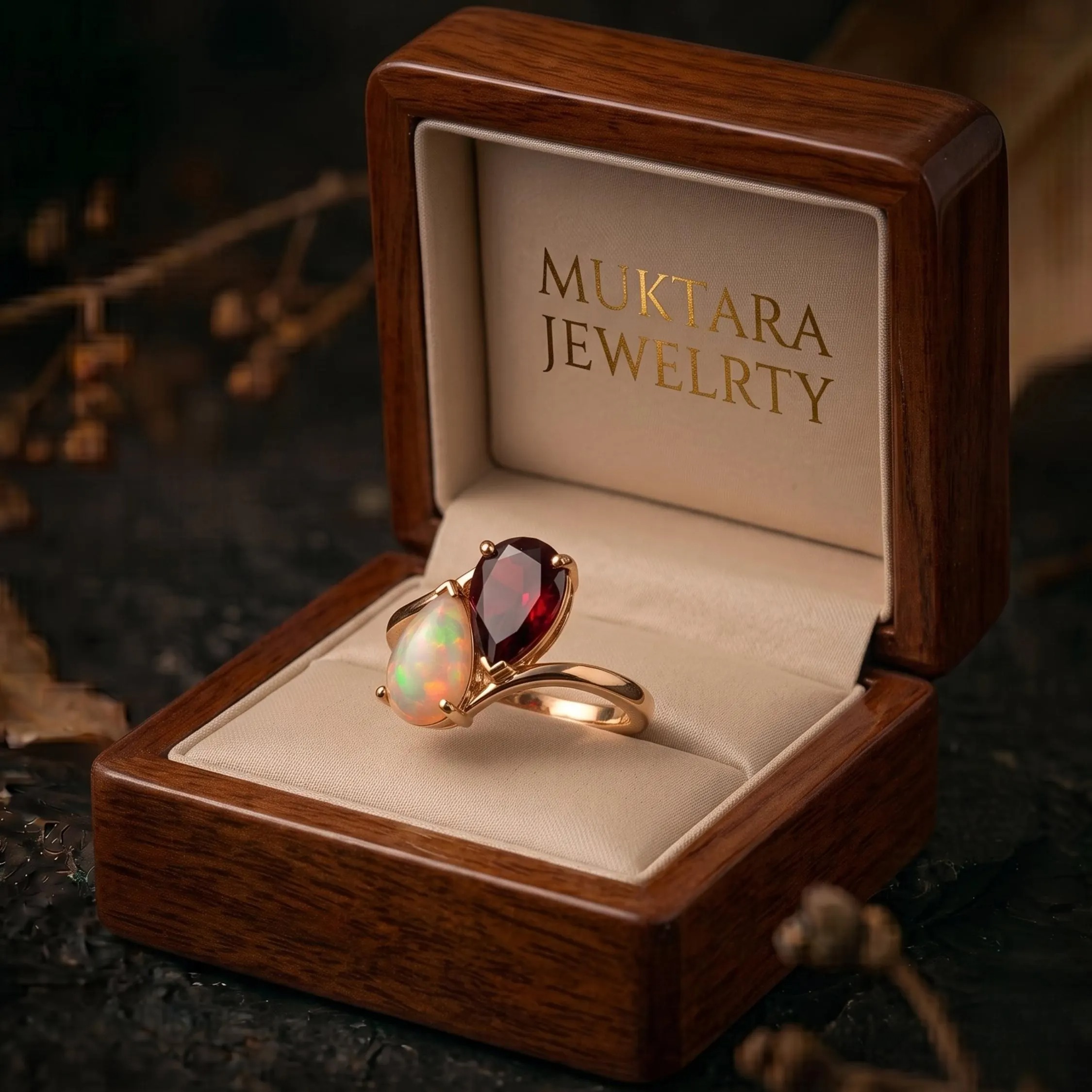 Unique Pear Cut Garnet and Opal Ring, 14k Yellow Gold Toi Et Moi Two Stone Ring, Vintage Opal Garnet Promise Statement Ring, Gift for Women