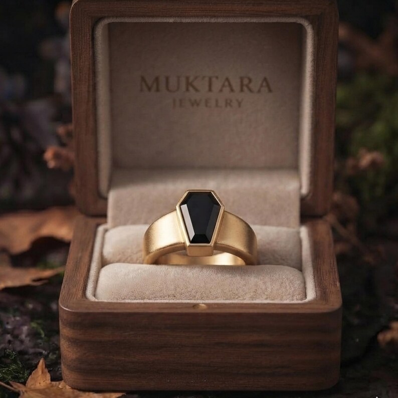 Vintage Art Deco Coffin Cut Black Onyx Engagement Ring, Unique Promise Statement Wedding Jewelry, Black Gemstone Wide Band Anniversary Gift