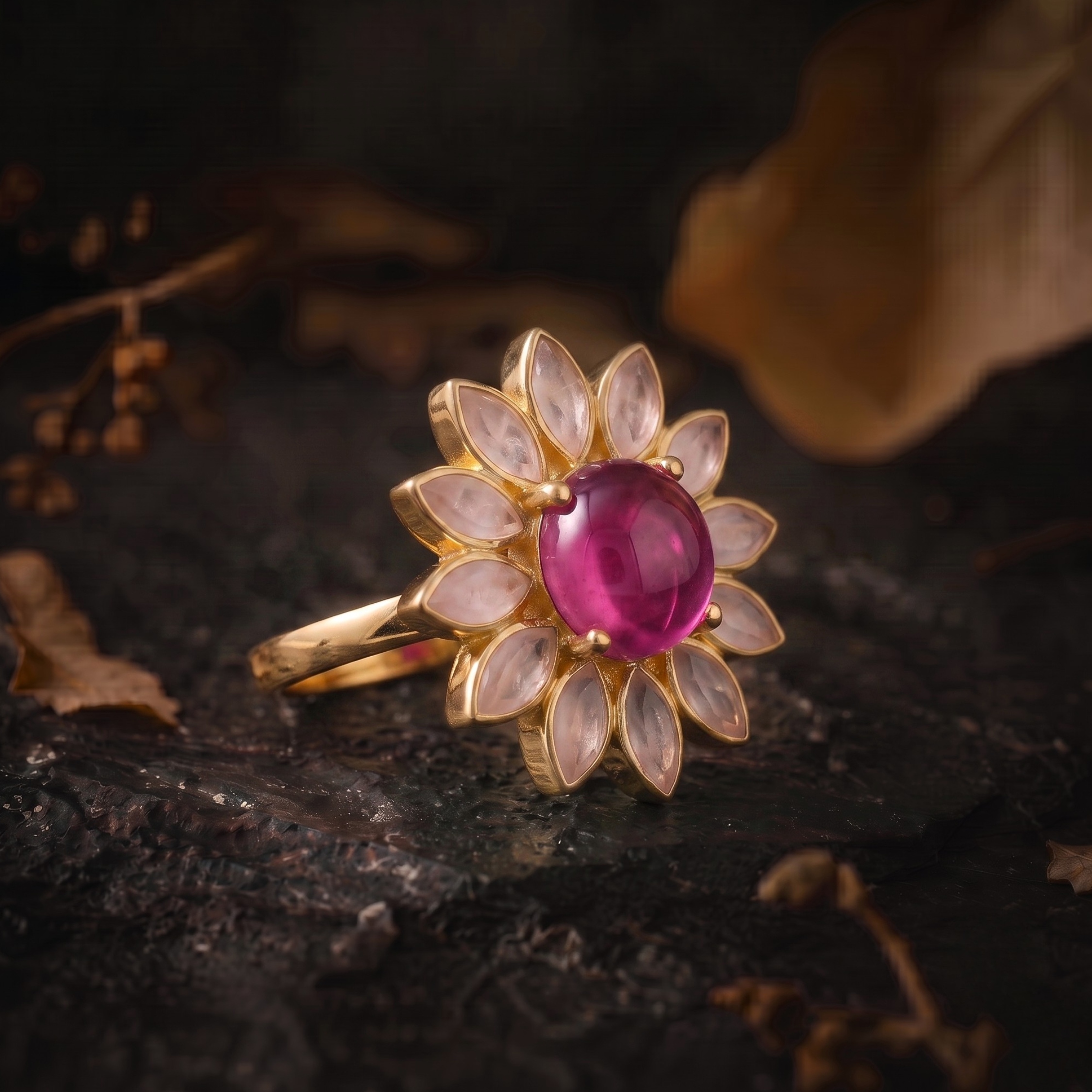 Natural Sapphire Quartz Flower Halo Ring/Pear Rose Quartz Engagement Ring/Handmade Art Deco Pink Sapphire Nature Inspired Fine Gift For Her