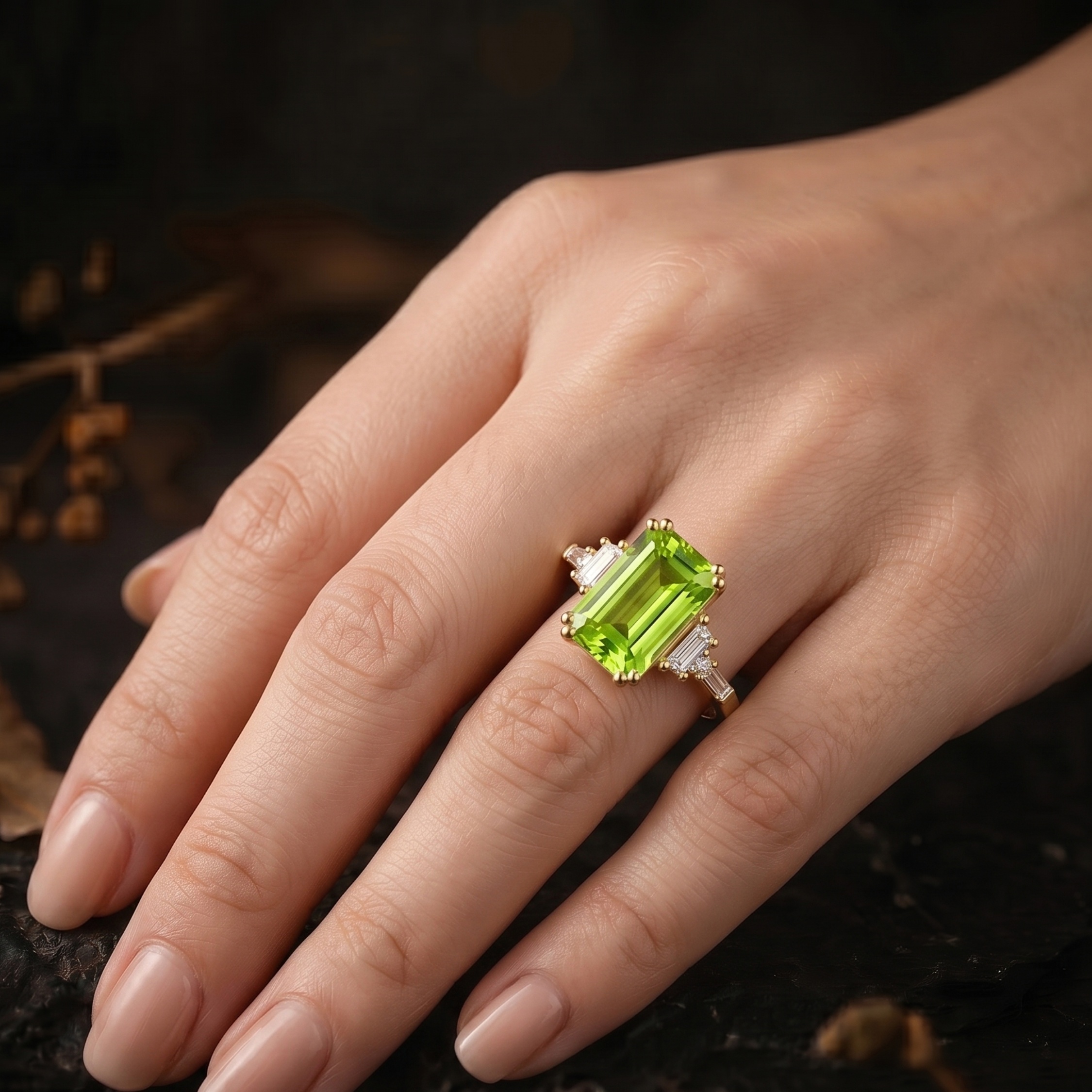 Genuine Emerald Cut Peridot Wedding Ring, 14K Gold Birthstone Jewelry, Moissanite Bridal Engagement Ring, Anniversary Birthday gift for her