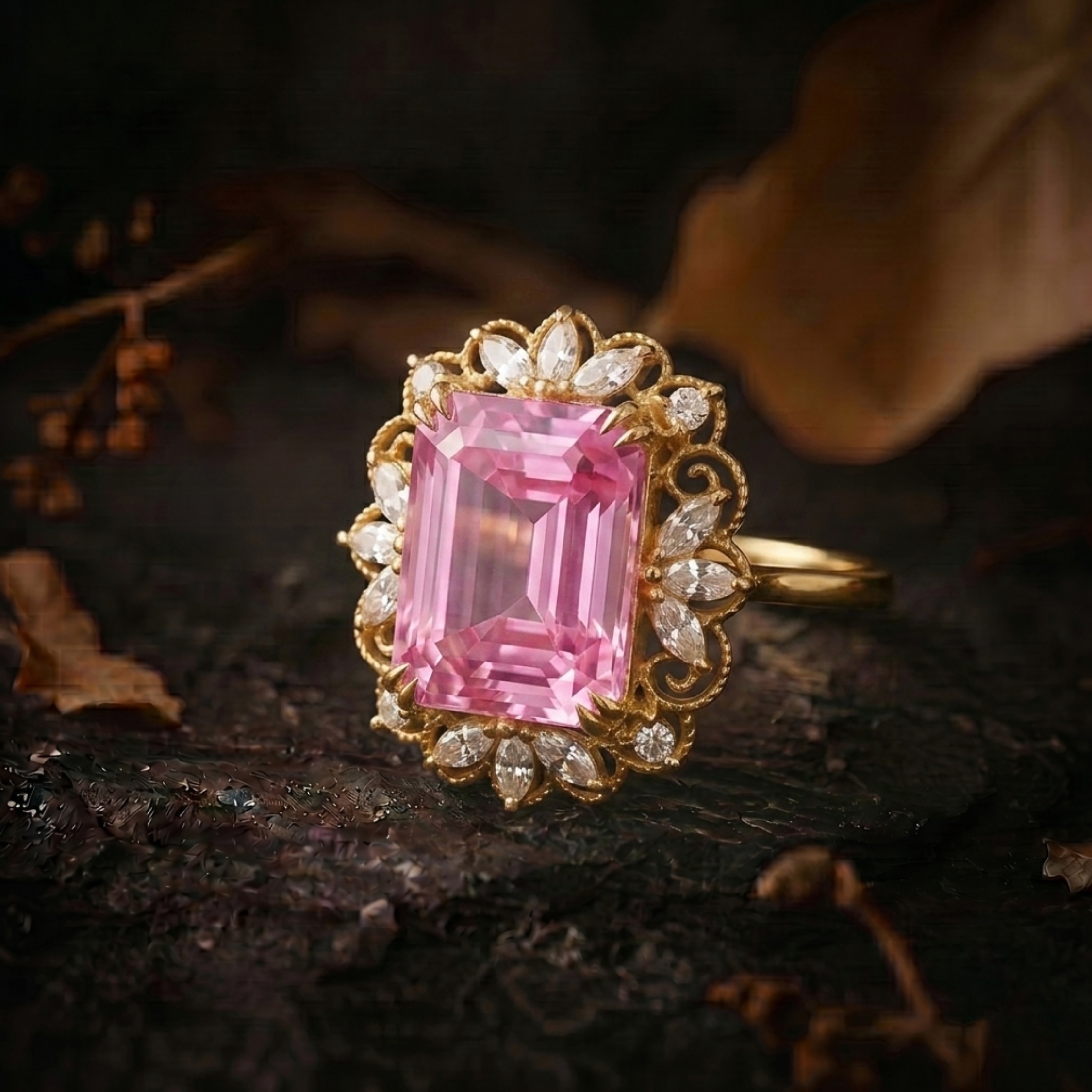 Emerald Cut Pink Sapphire Moissanite Engagement Ring, September Birthstone Promise Moissanite Wedding Ring Anniversary Birthday Gift For Her