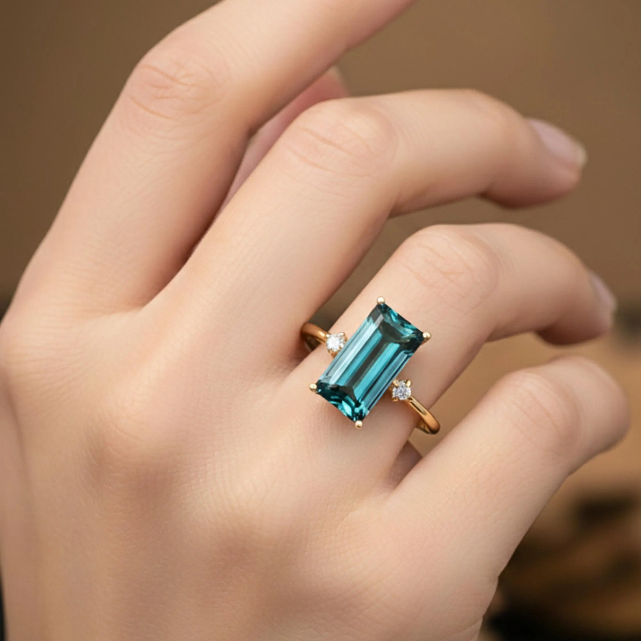 Unique Baguette Cut Tourmaline Engagement Ring, Green Tourmaline Minimalist Split Band Ring, Bridal Jewelry,Long Tourmaline Anniversary Ring