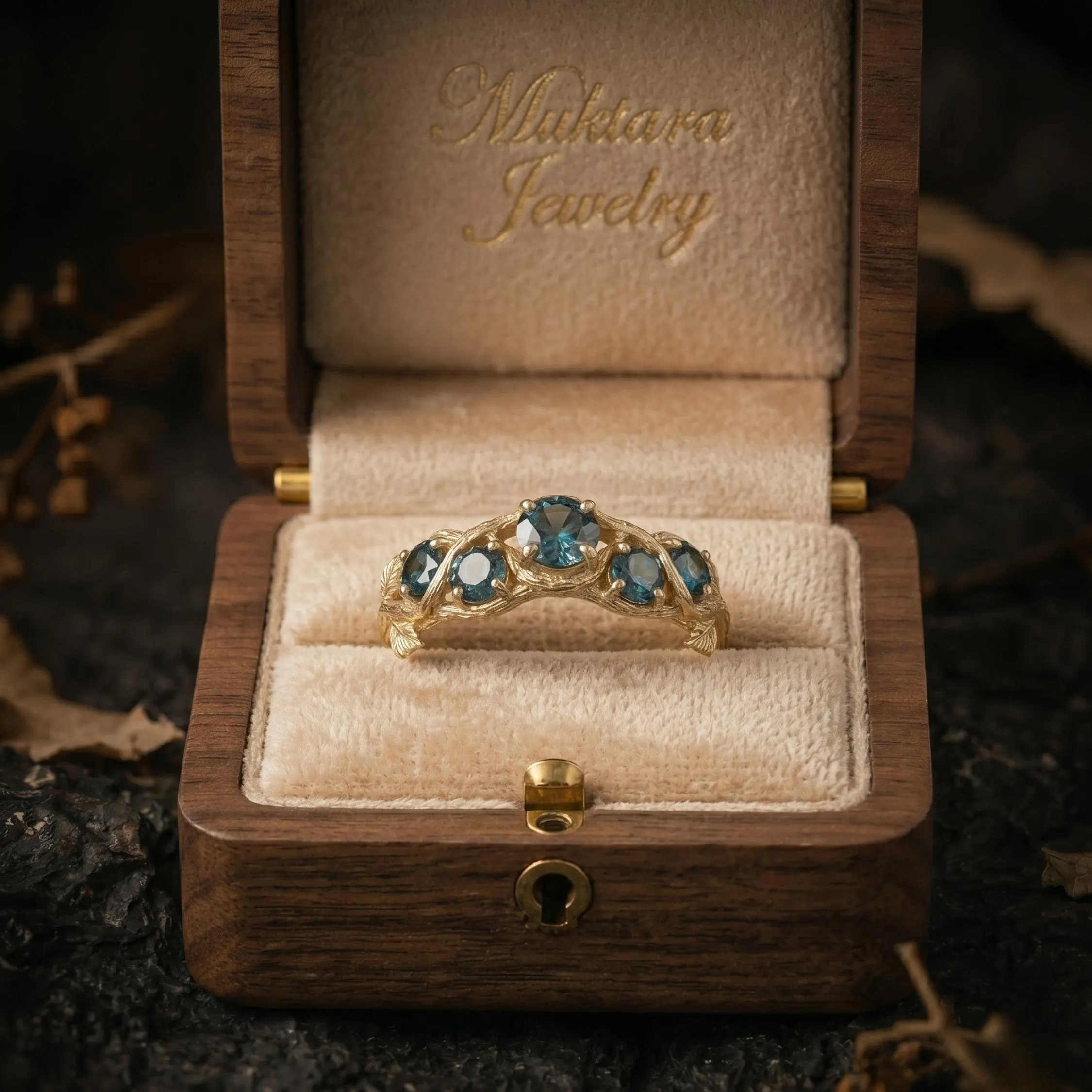 Unique Round Cut Teal Montana Sapphire Engagement Ring, September Birthstone Nature Inspired Leaf Ring, Anniversary Birthday Gift For Women