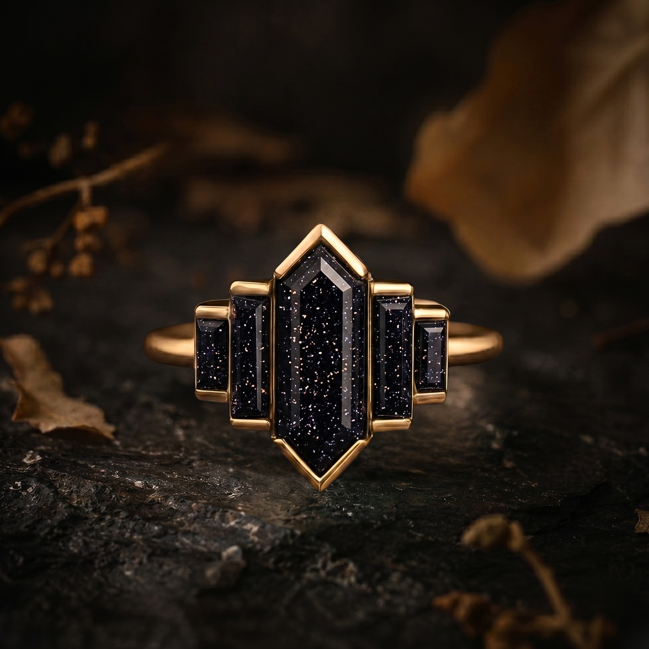 Vintage Hexagon Cut Blue Galaxy Sandstone Ring, Women’s Nebula Engagement Ring, Baguette Cut Galaxy Wedding Promise Ring, Anniversary Gift