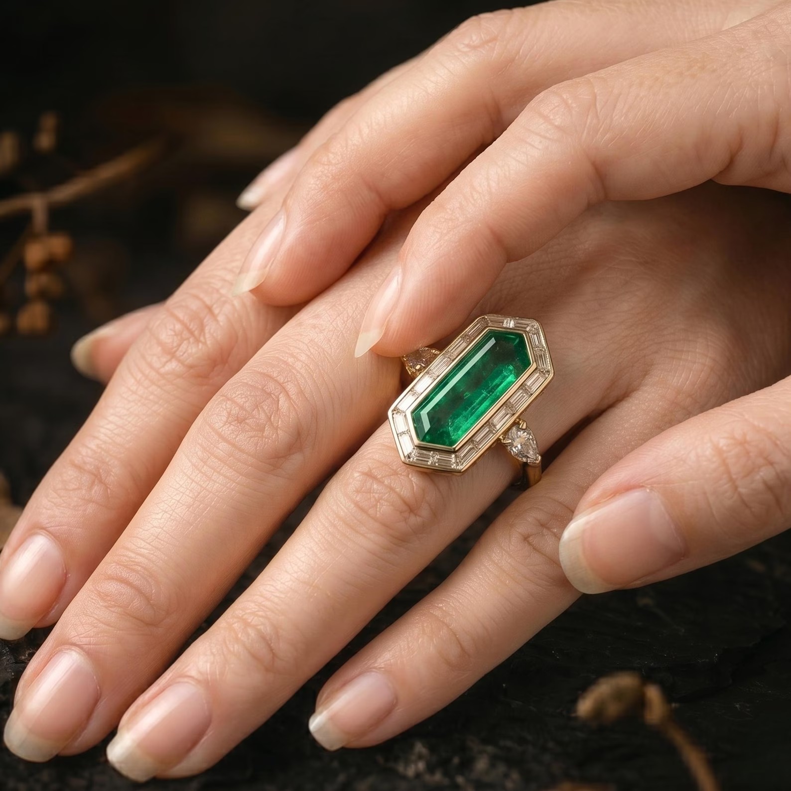Vintage Art Deco Hexagon Cut Emerald Moissanite Cluster Ring, Unique Promise Statement Jewelry, Green Gemstone Anniversary Gifts For Women
