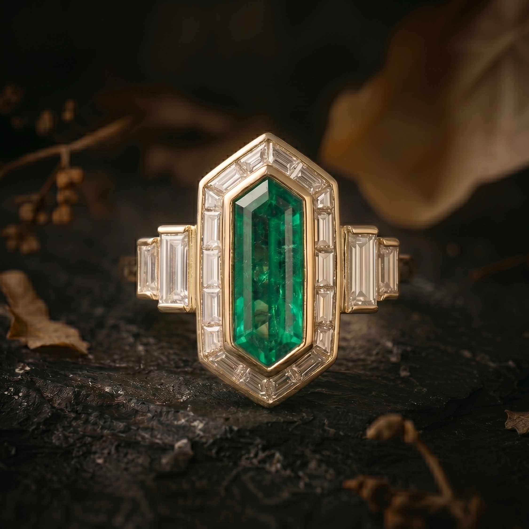 Vintage Long Hexagon Cut Green Emerald Ring, Art Deco Baguette Moissanite Engagement Ring, Promise Wedding Jewelry For Her, Anniversary Gift