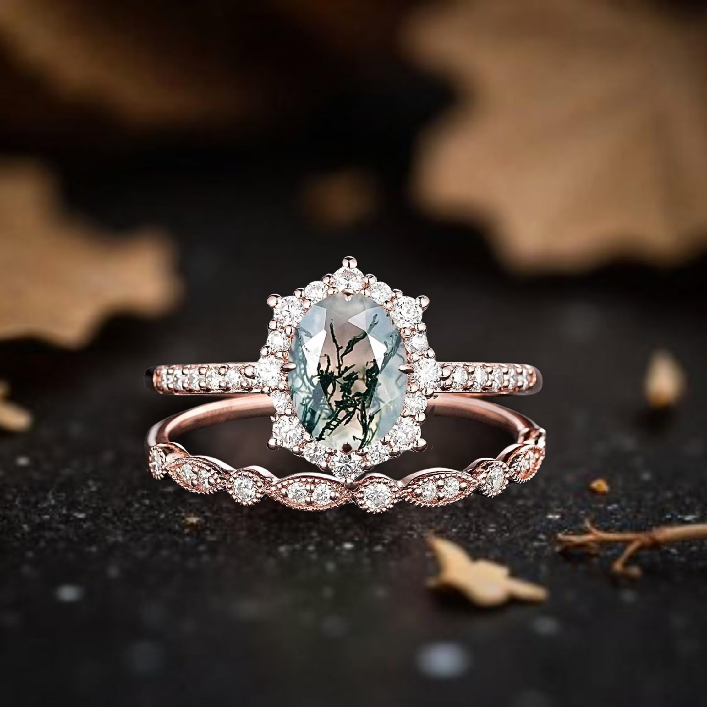 Vintage Moss Agate Halo Engagement Ring Set, Unique Oval Cut Mossy Agate Rose Gold Wedding Set Green Agate Bridal Gift Set Anniversary Ring