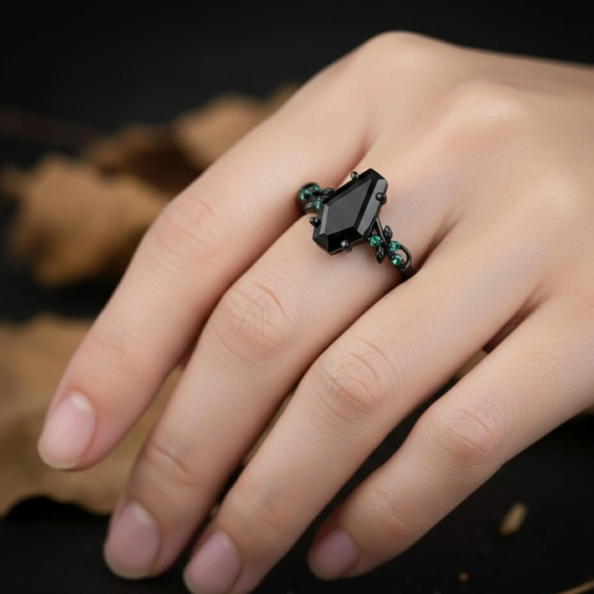 Vintage Coffin Cut Black Onyx Nature Inspired Engagement Ring, Unique Handmade Art deco Black Gold Leaf Design Emerald Wedding Promise Ring