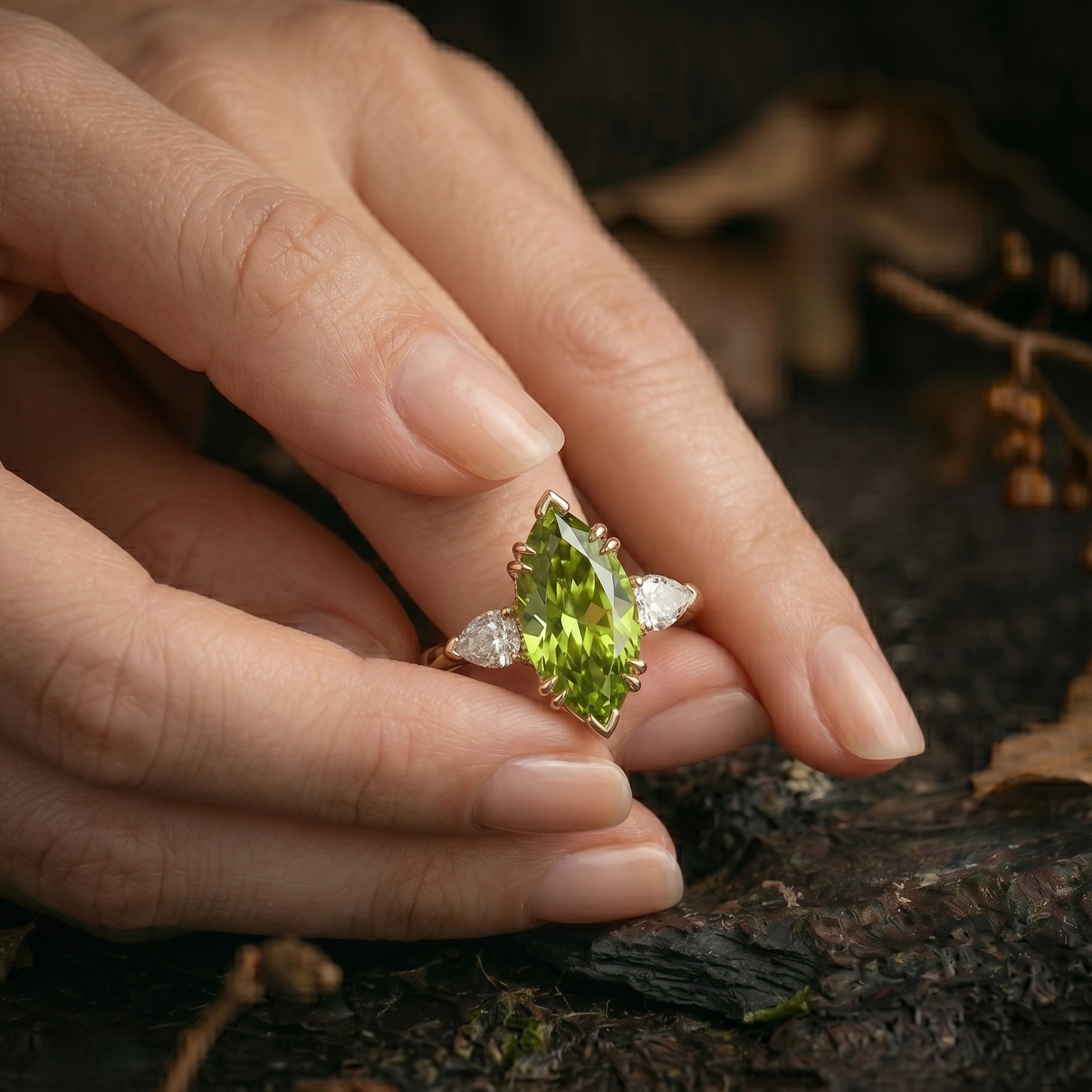 Marquise Cut Peridot Solitaire Engagement Ring, Moissanite Wedding Band, August Birthstone 14k Gold Art Deco Green Gemstone Gift For Mother
