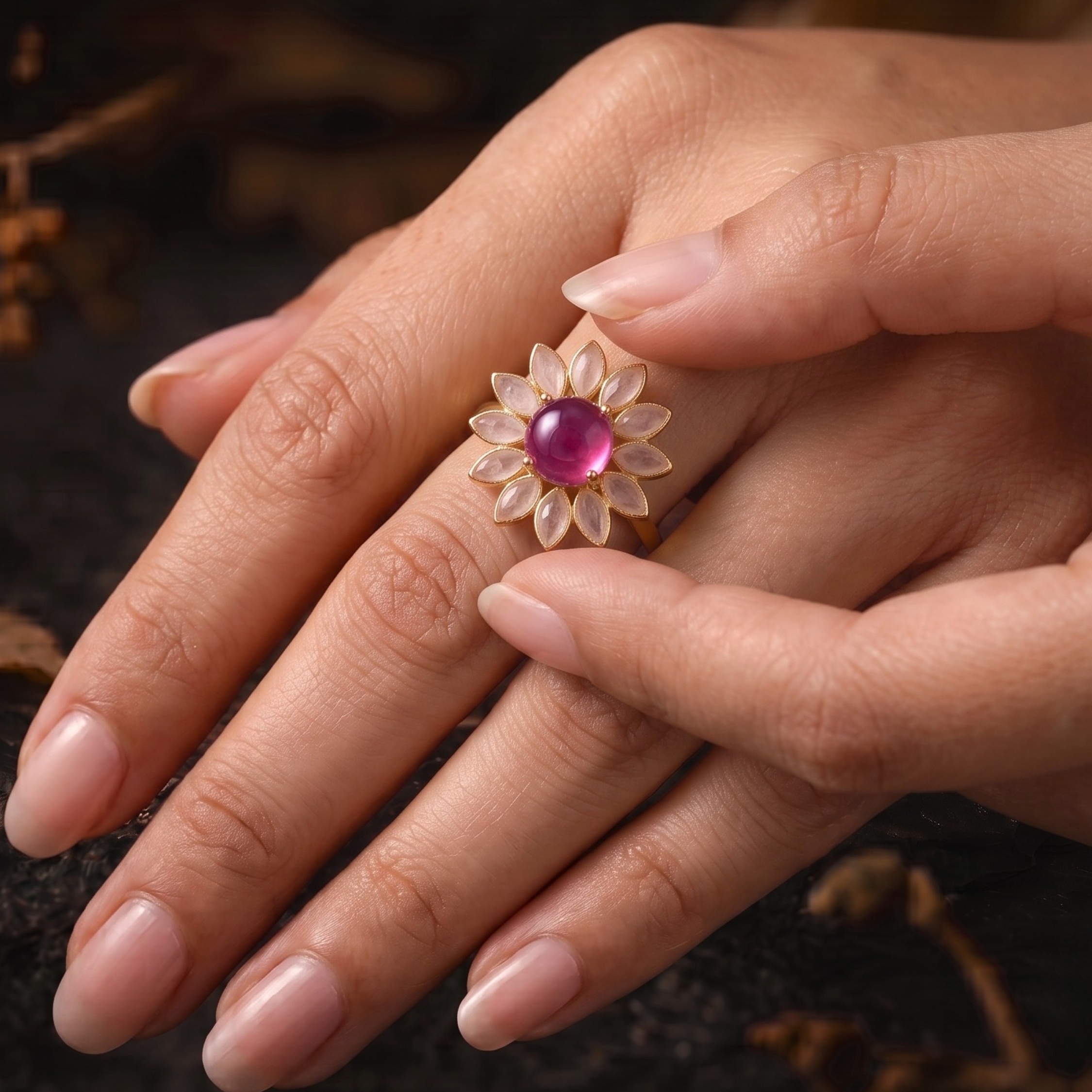 Natural Sapphire Quartz Flower Halo Ring/Pear Rose Quartz Engagement Ring/Handmade Art Deco Pink Sapphire Nature Inspired Fine Gift For Her