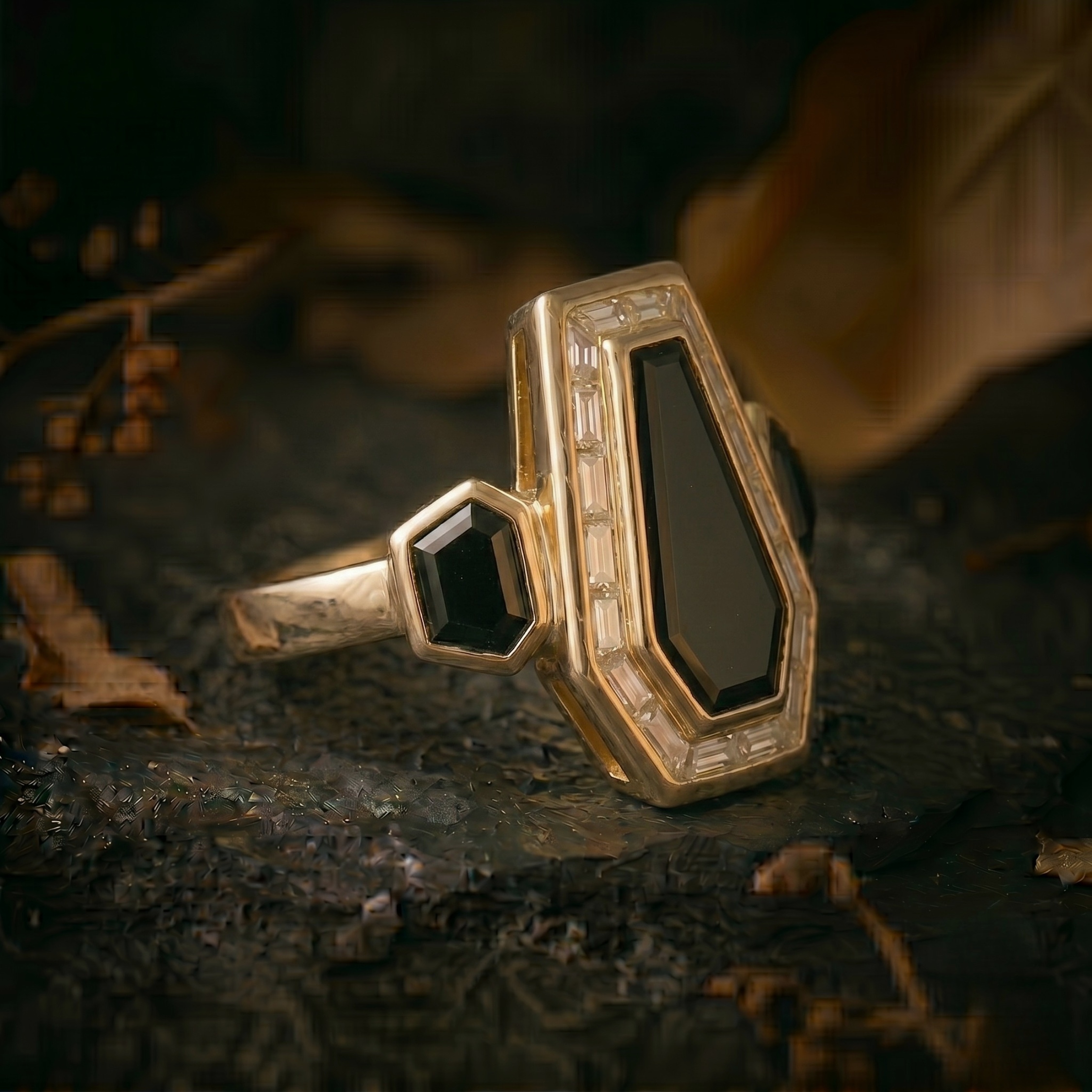 Vintage Art Deco Coffin Cut Black Onyx & Moissanite Cluster Ring, Unique Promise Statement Jewelry, 14K Gold Black Jewelry, Anniversary Gift