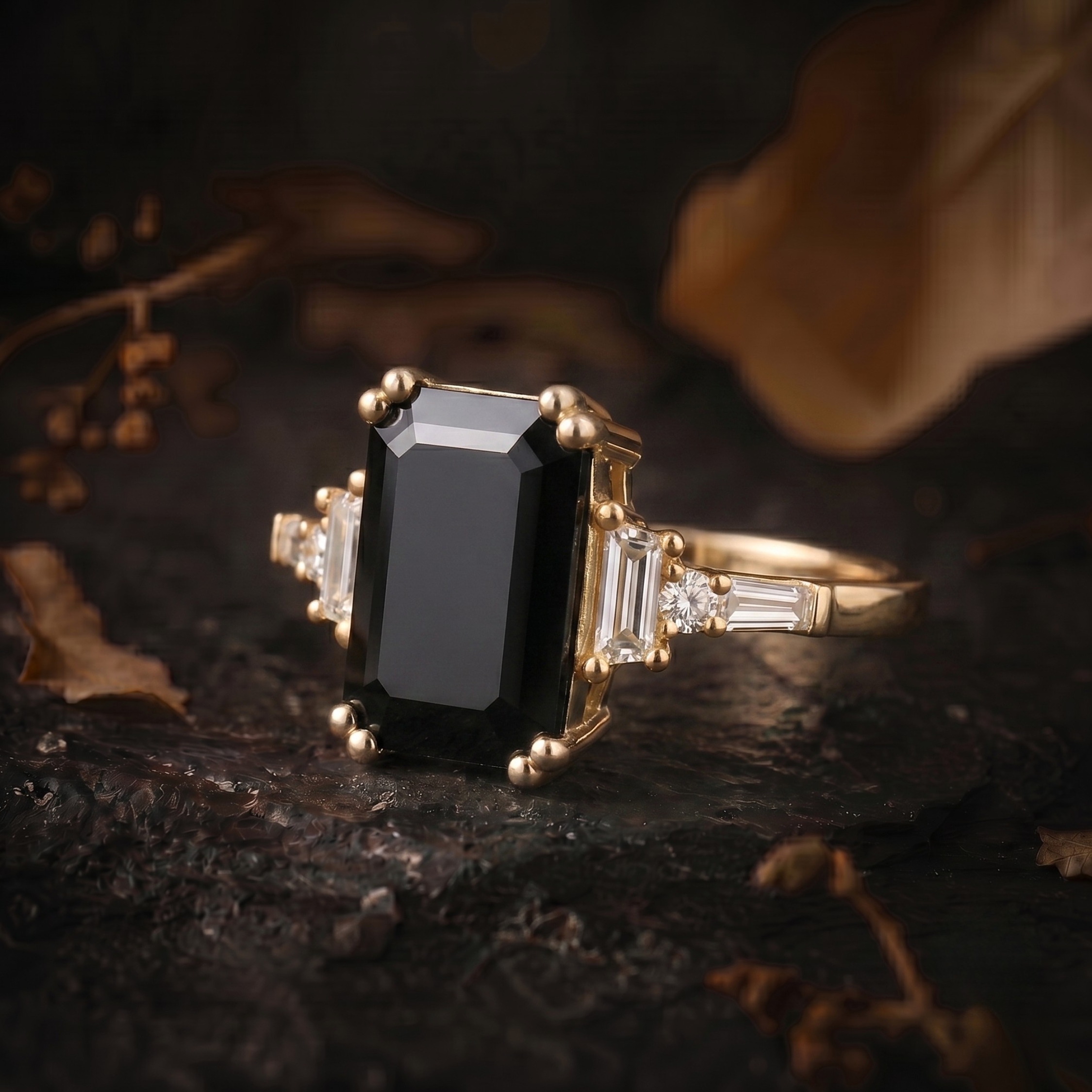 Genuine Emerald Cut Onyx Moissanite Ring, 14K December Birthstone Jewelry, Black Gemstone Engagement Ring, Anniversary Birthday gift for her