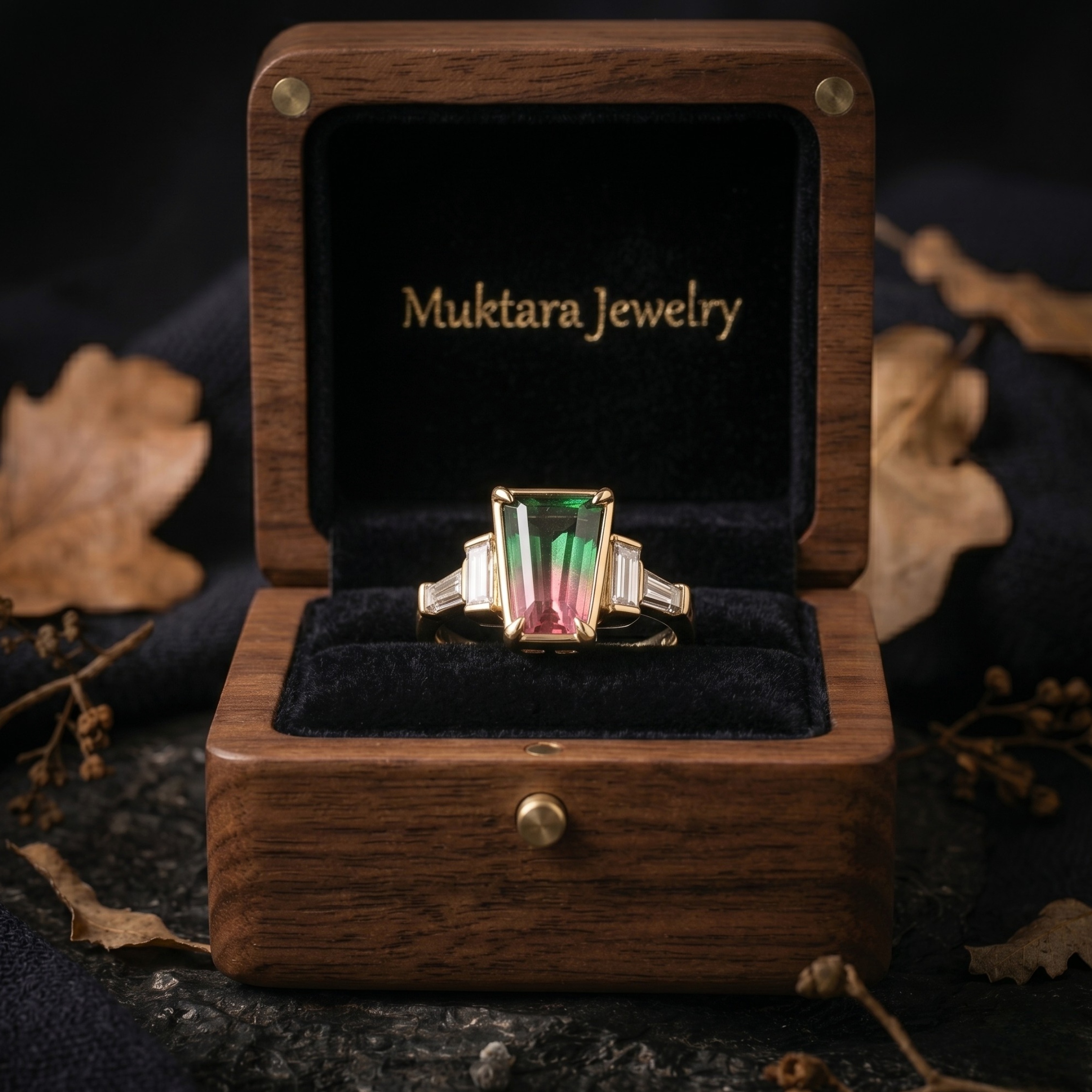 Vintage Watermelon Tourmaline Ring, Five Stone Engagement Ring, Pink & Green Gemstone Ring, Baguette Cut Moissanite Anniversary Bridal Gift