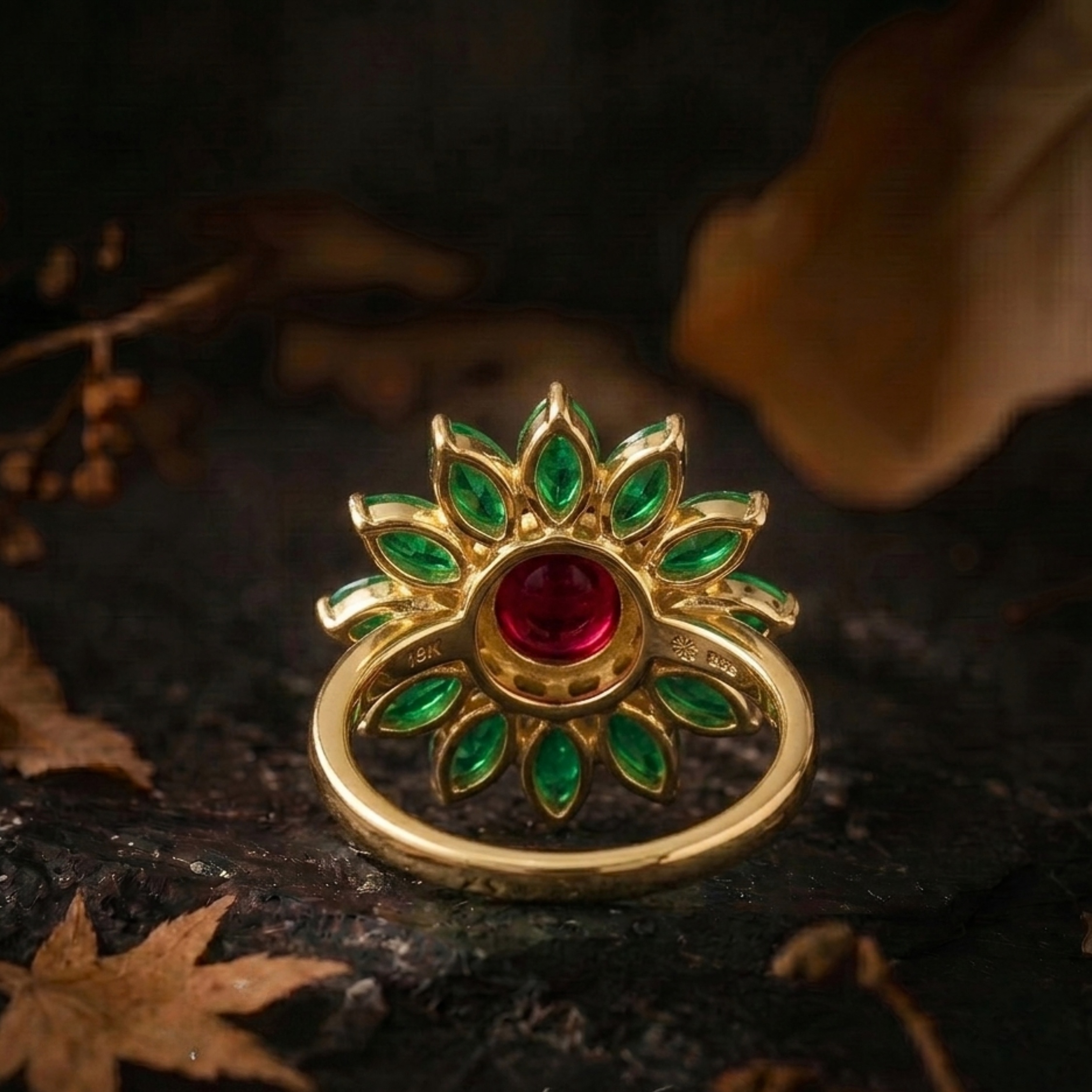 Unique Red Garnet Emerald Flower Halo Wedding Ring/Pear Emerald Engagement Ring/Vintage Art Deco Nature Inspired Bridal Jewelry Gift For Her